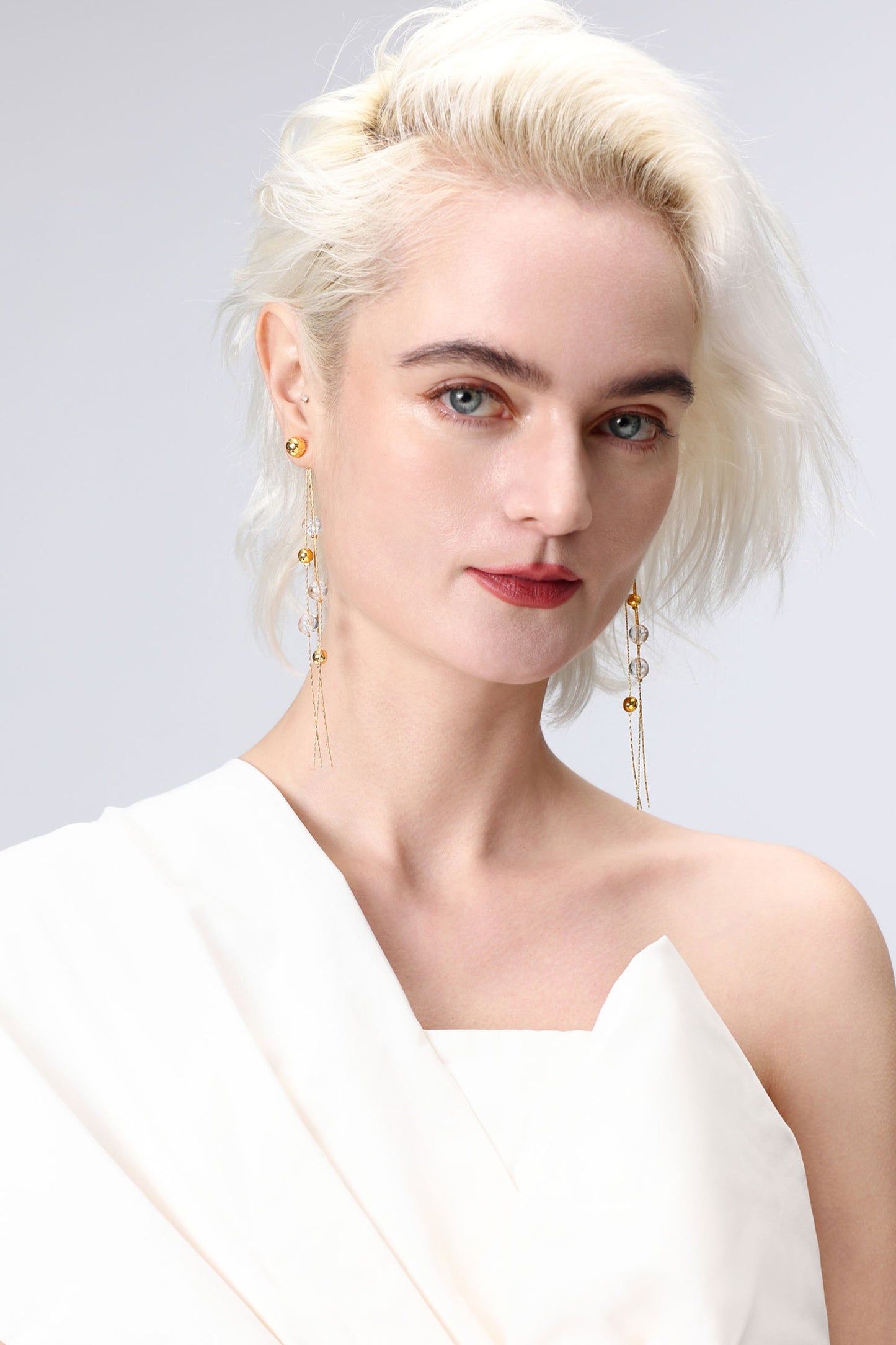 FrostLily Azeztulite Crystal and Gold Bead Drop Earrings