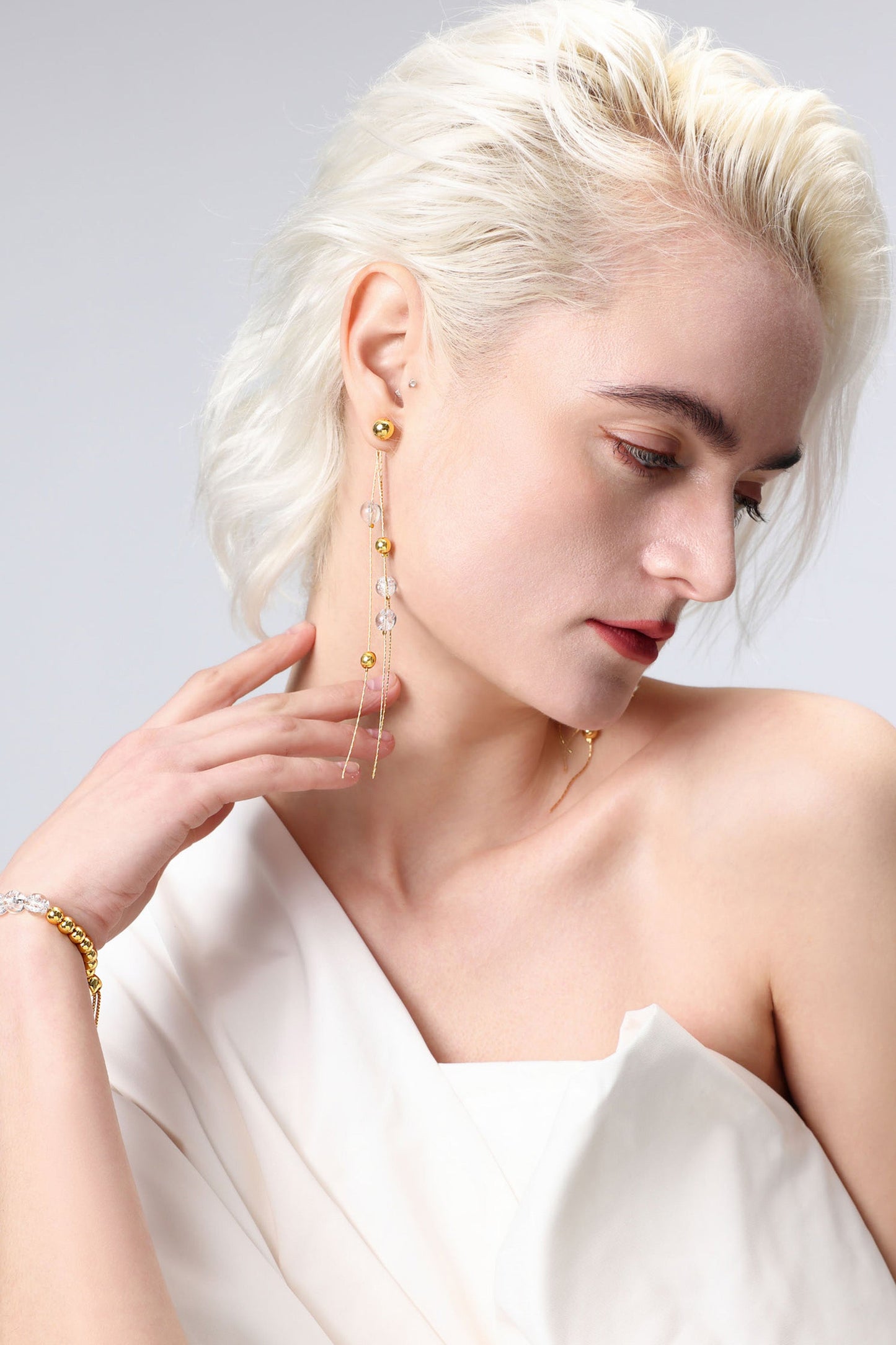 FrostLily Azeztulite Crystal and Gold Bead Drop Earrings