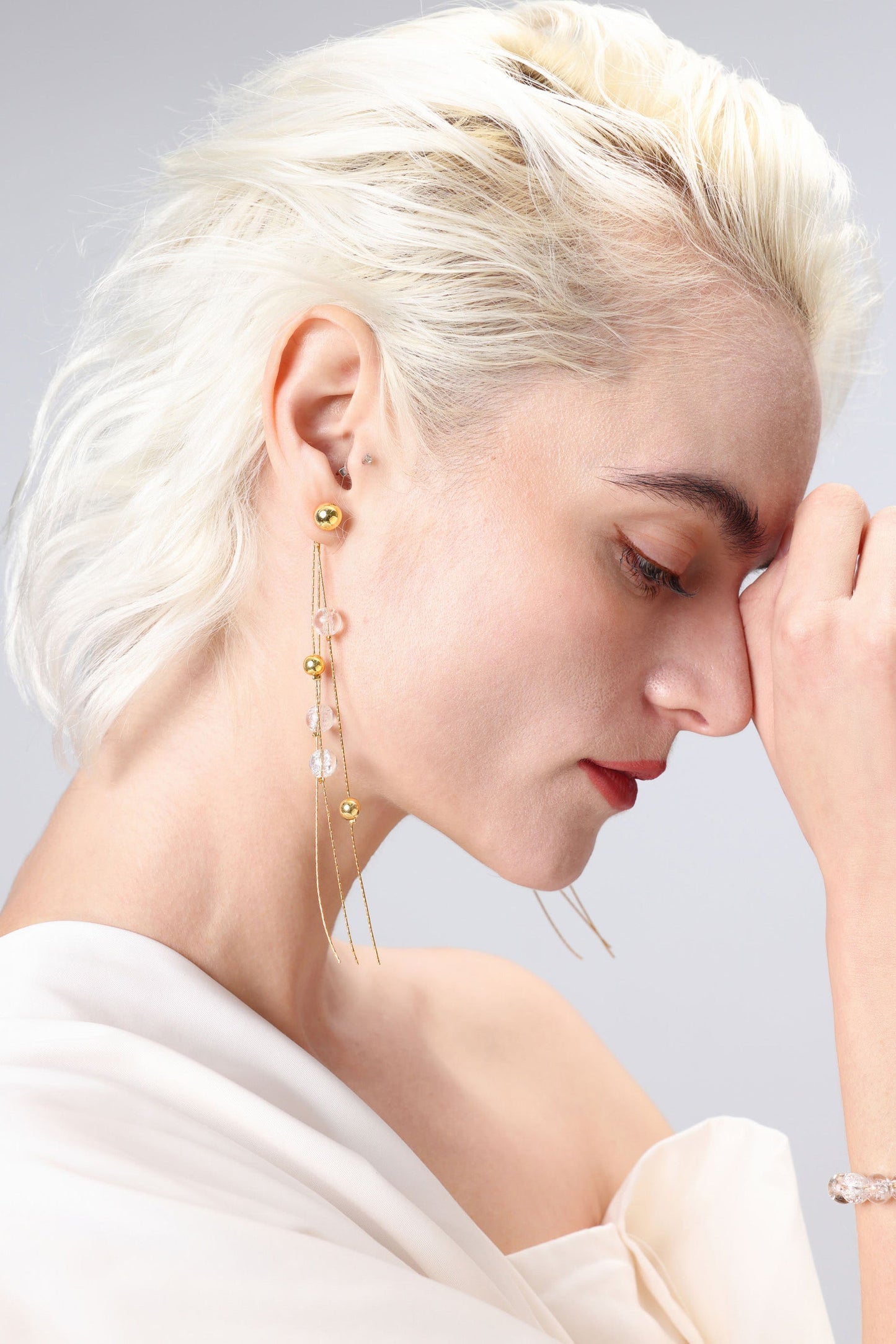 FrostLily Azeztulite Crystal and Gold Bead Drop Earrings