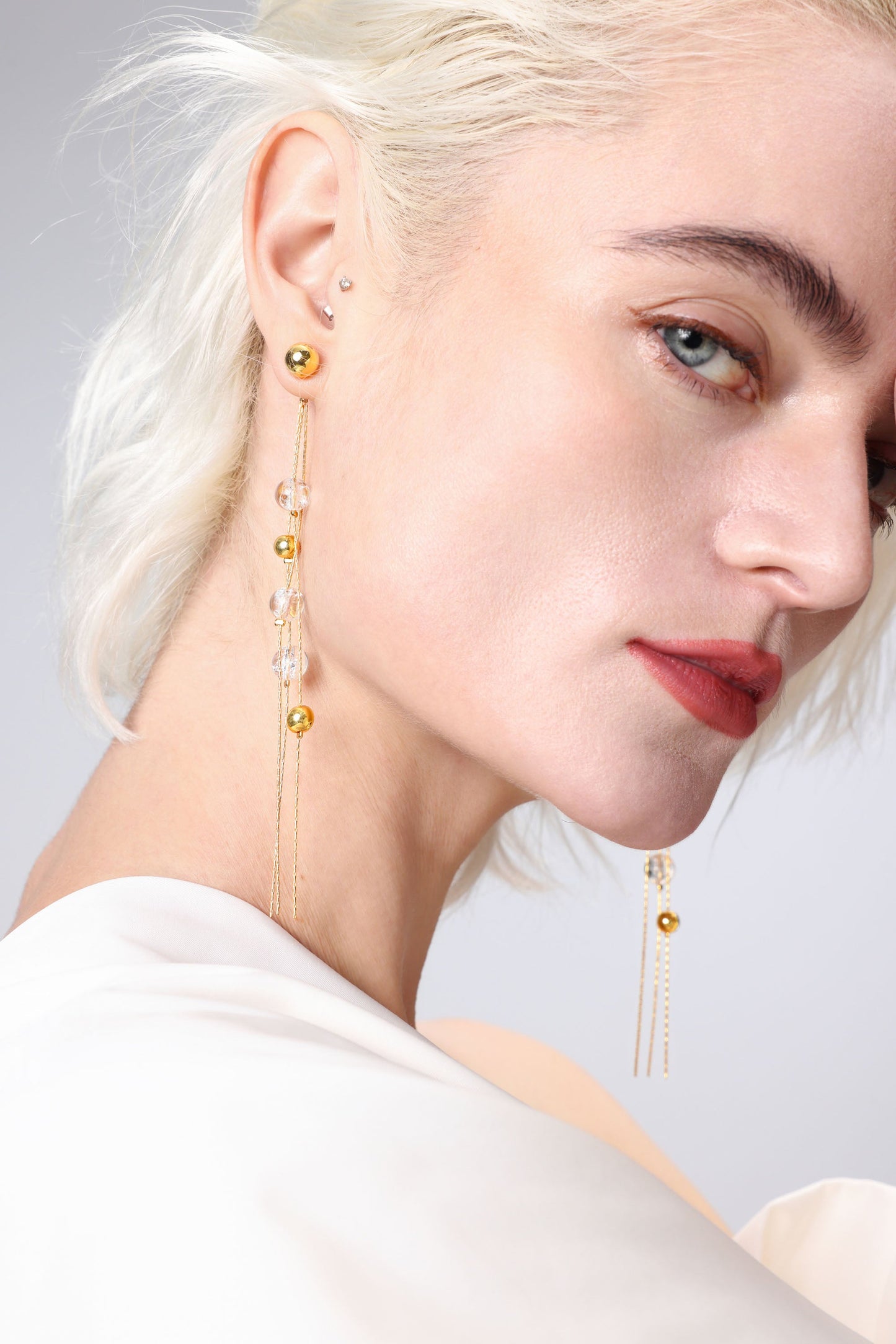 FrostLily Azeztulite Crystal and Gold Bead Drop Earrings