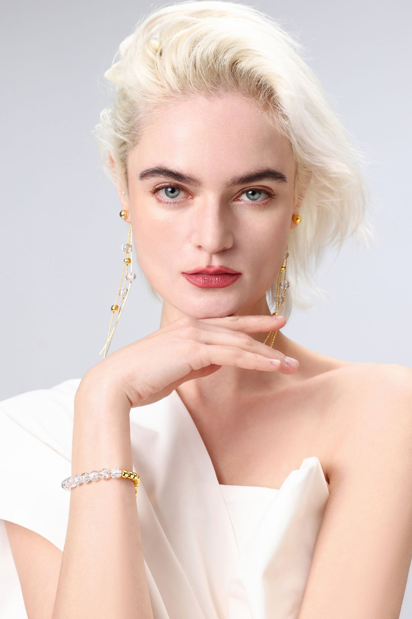FrostLily Azeztulite Crystal and Gold Bead Drop Earrings