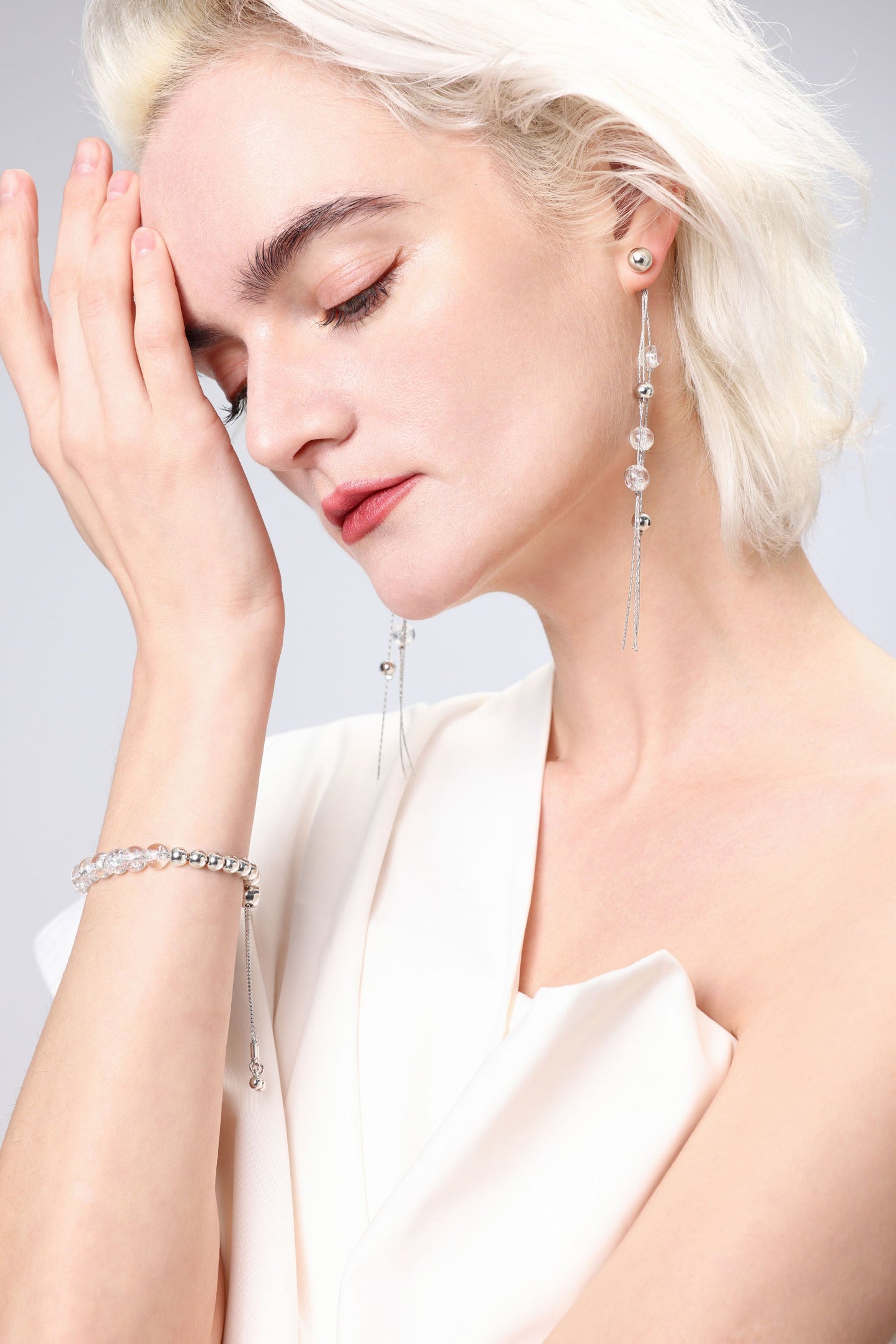 FrostLily Azeztulite Crystal and Silver Bead Drop Earrings