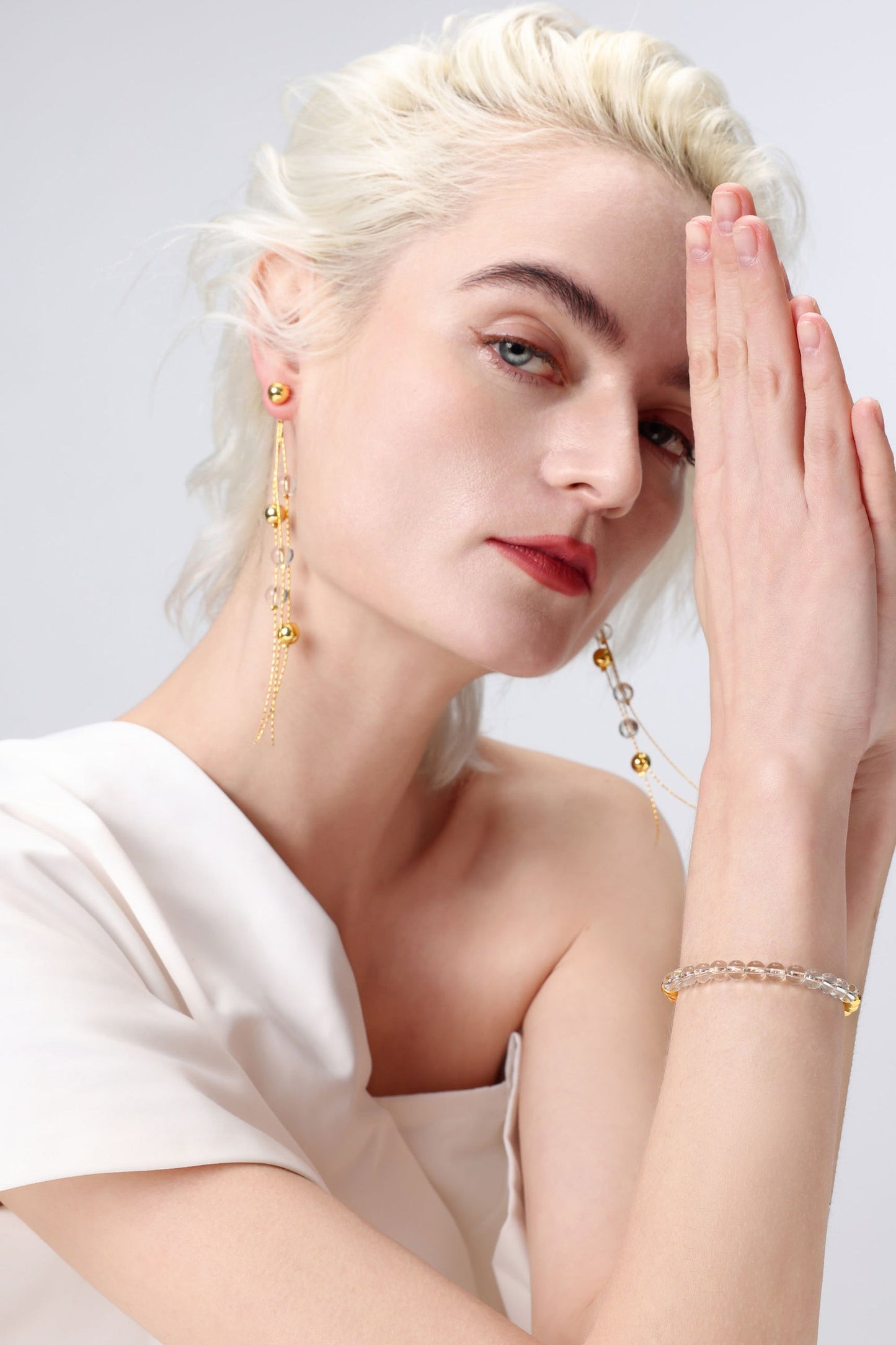 FrostLily Clear Crystal and Gold Bead Drop Earrings