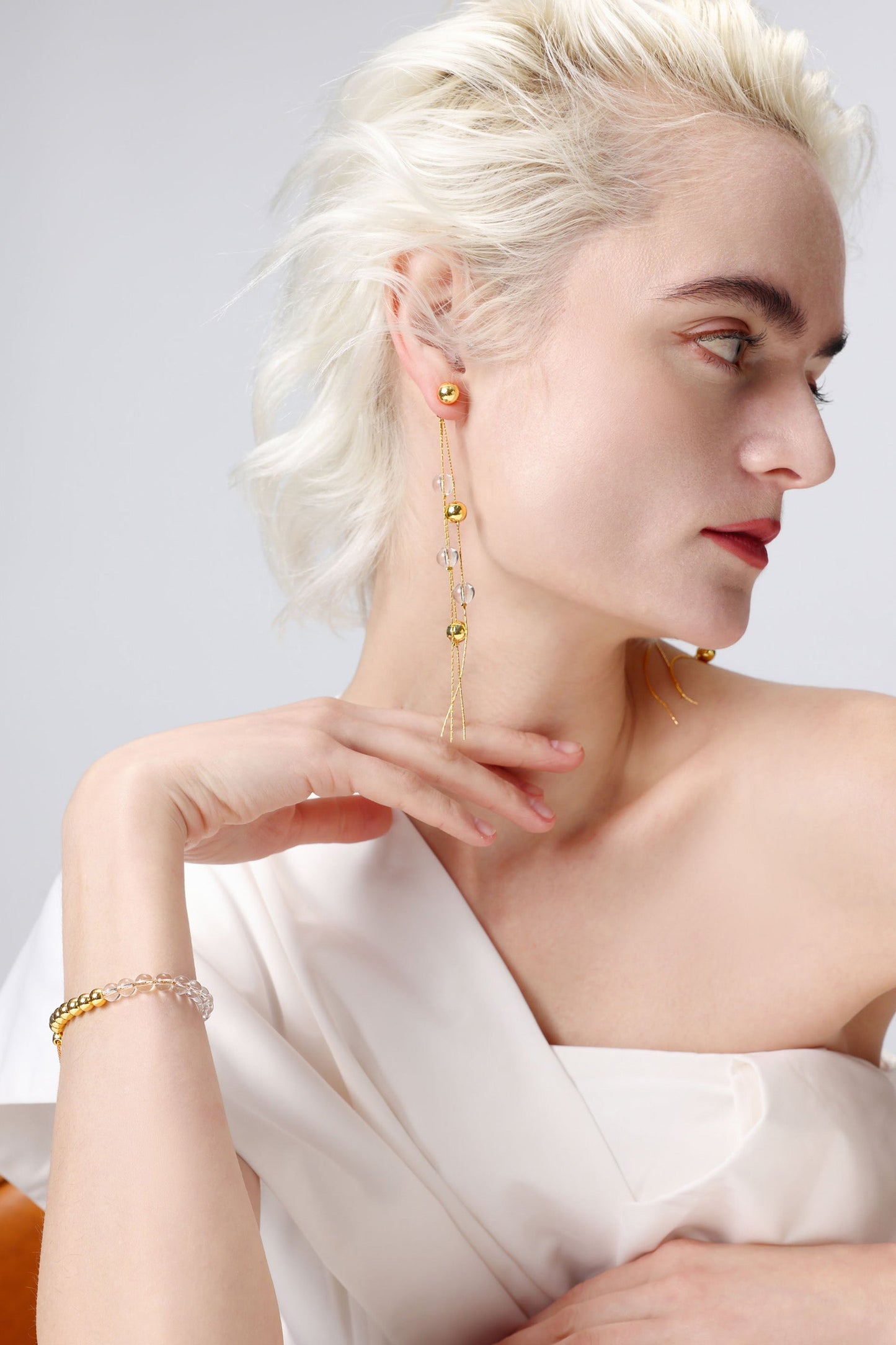 FrostLily Clear Crystal and Gold Bead Drop Earrings