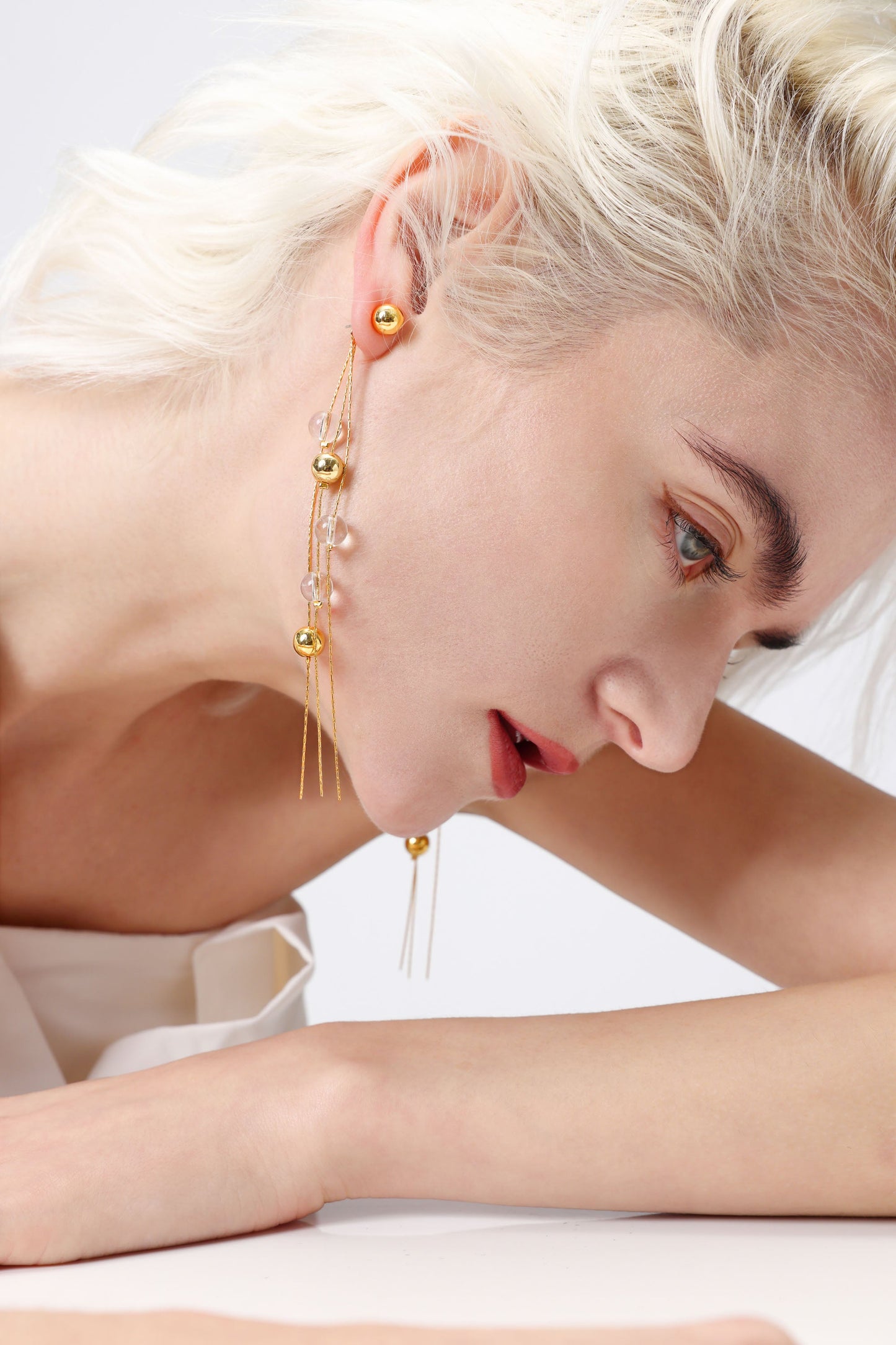 FrostLily Clear Crystal and Gold Bead Drop Earrings
