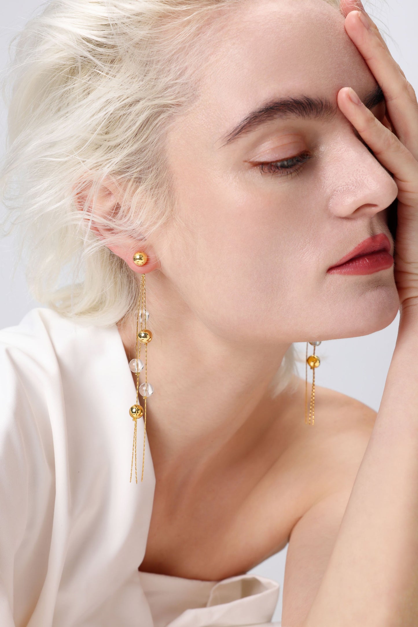 FrostLily Clear Crystal and Gold Bead Drop Earrings