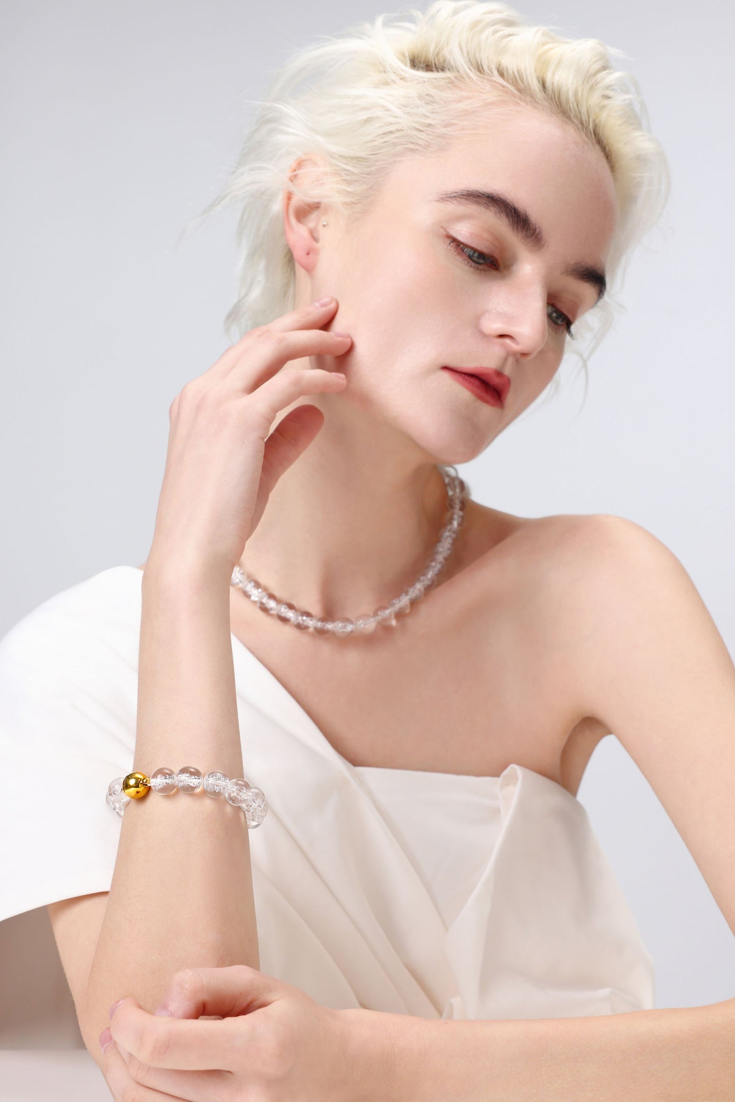 Frostnova Azeztulite Clear Phantom Crystal Sphere Bracelet-Gold 12mm
