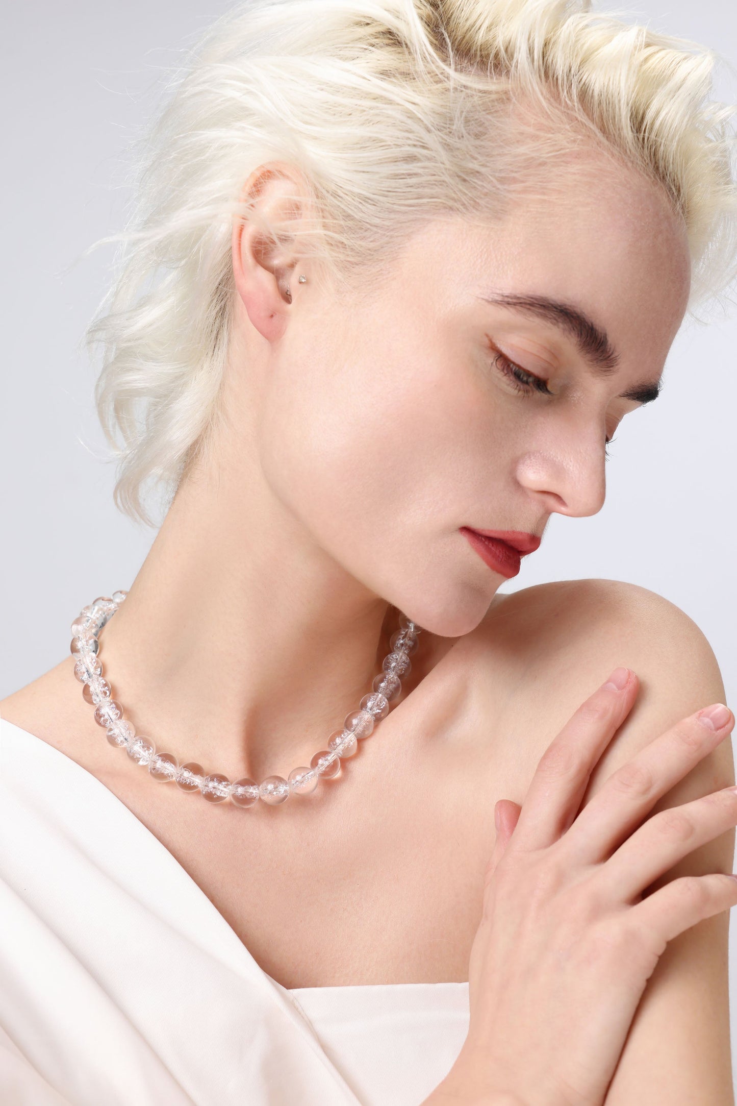 Frostnova Azeztulite Clear Phantom Crystal Sphere Necklace-Gold 12mm