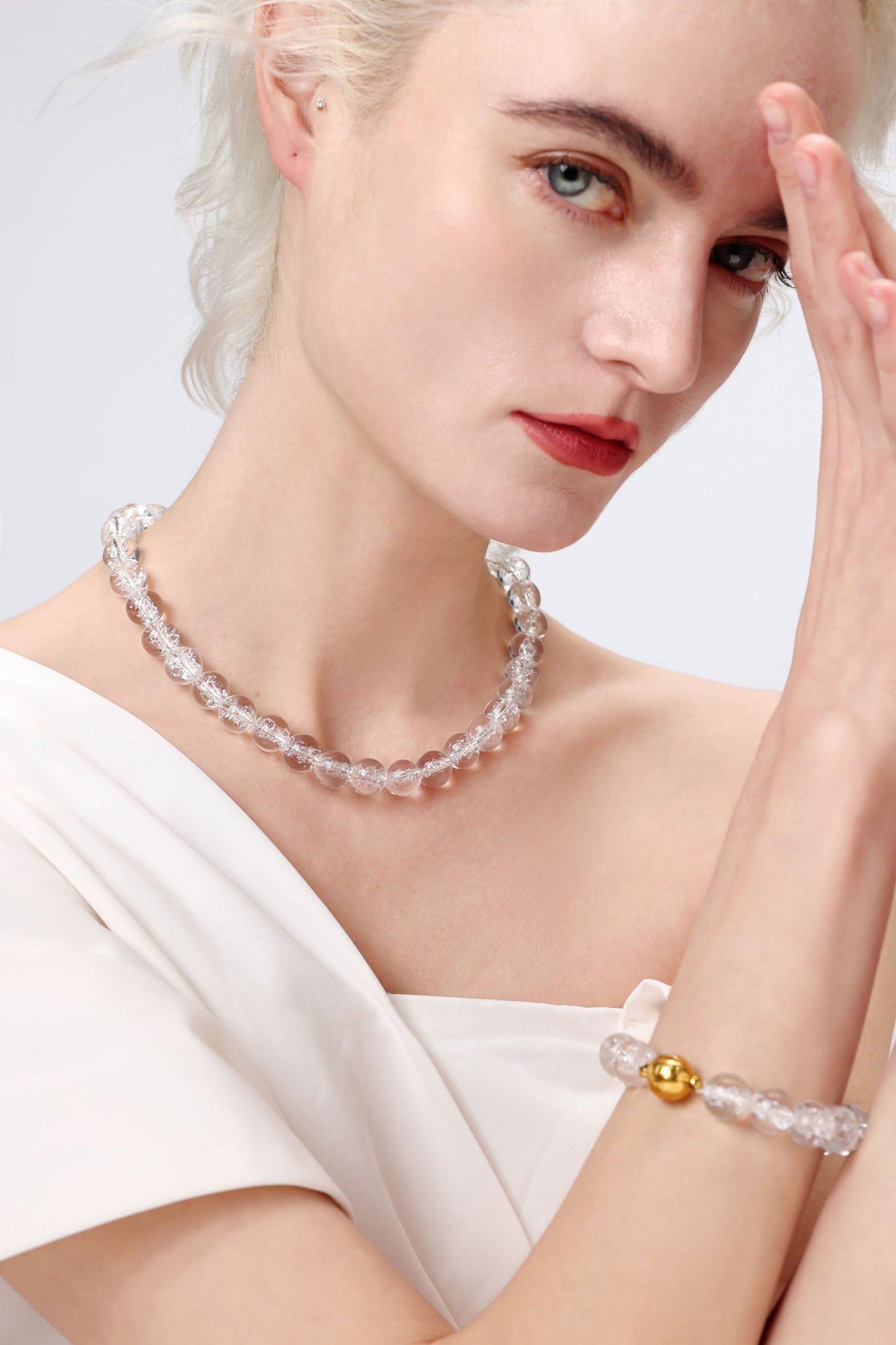 Frostnova Azeztulite Clear Phantom Crystal Sphere Necklace-Gold 12mm