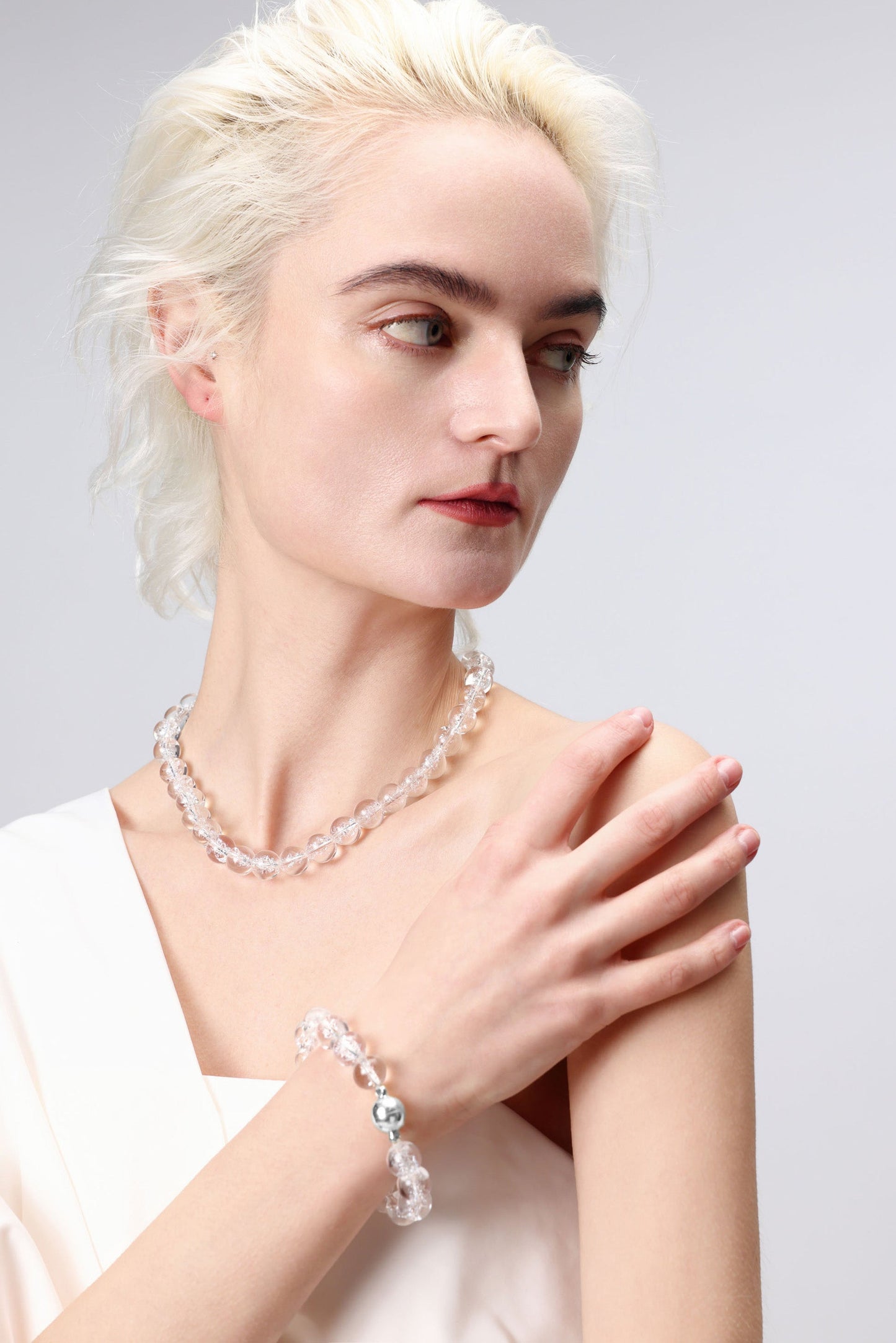 Frostnova Azeztulite Clear Phantom Crystal Sphere Bracelet-Silver 12mm