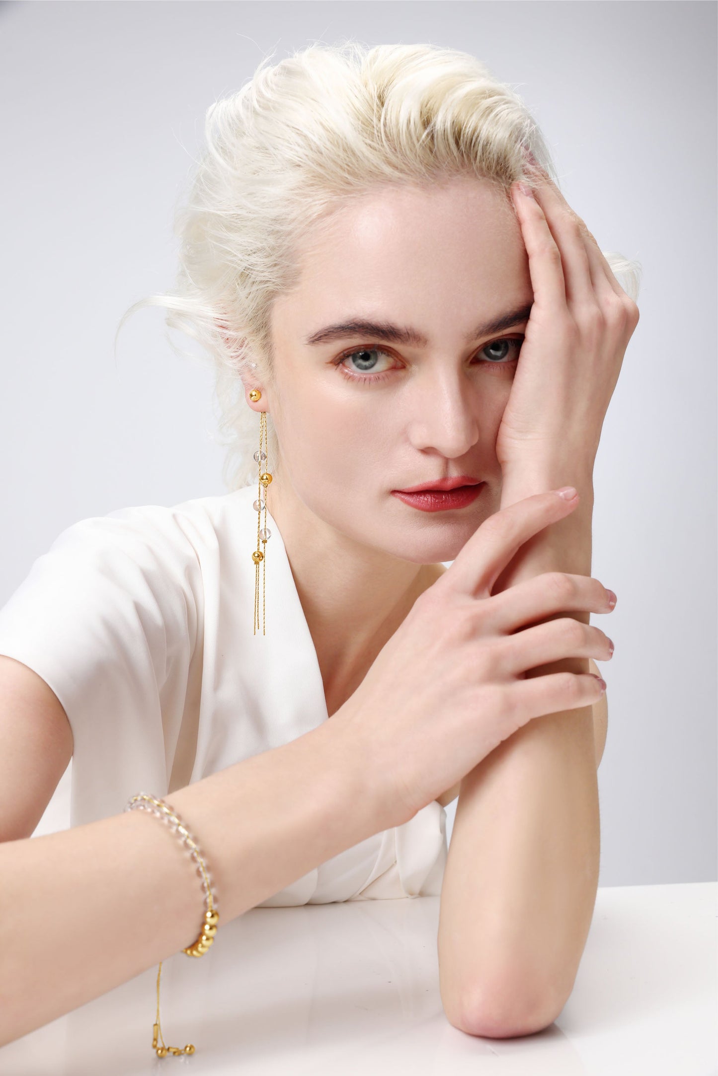 FrostLily Mini Clear Crystal and Gold Bead Drop Earrings