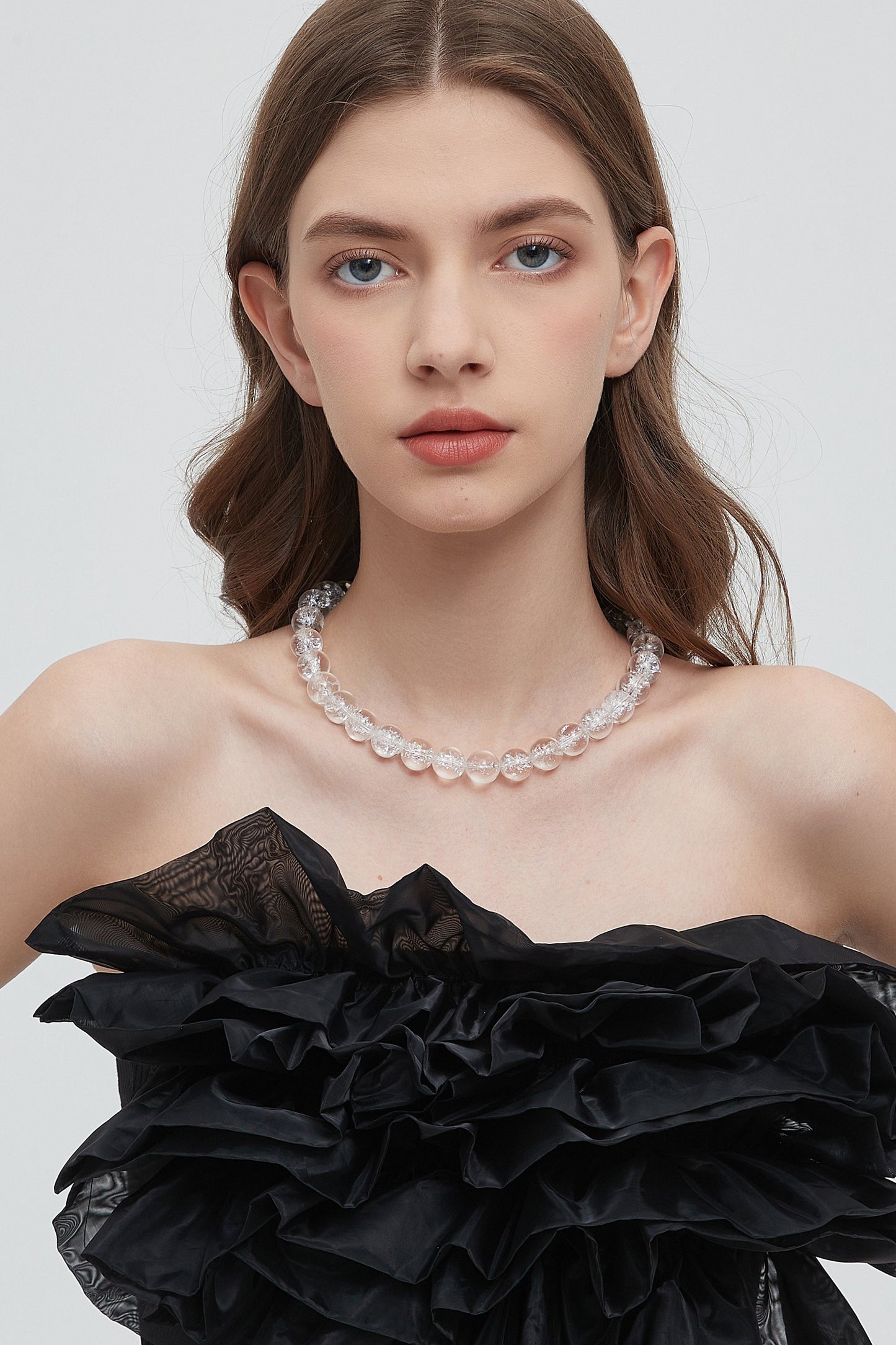 Frostnova Azeztulite Clear Phantom Large Crystal Sphere Necklace-Gold 14mm