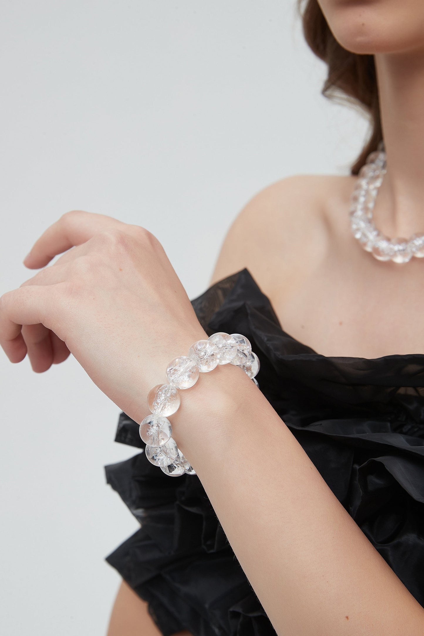 Frostnova Azeztulite Large Clear Phantom Crystal Sphere Bracelet-Gold 14mm