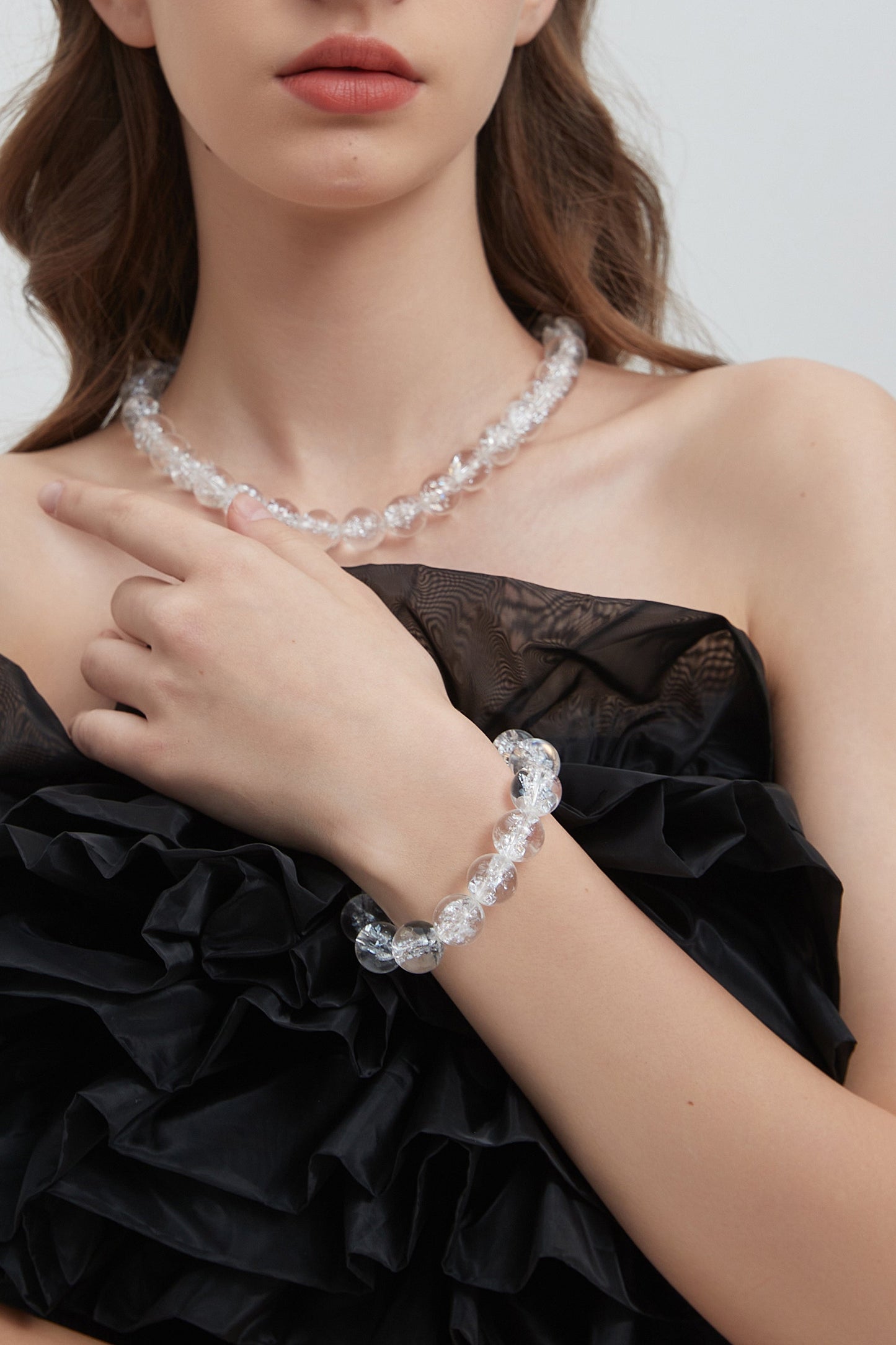 Frostnova Azeztulite Large Clear Phantom Crystal Sphere Bracelet-Gold 14mm