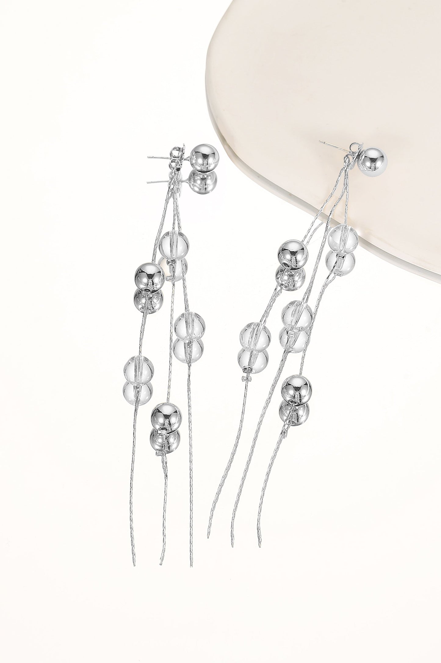 FrostLily Clear Crystal and Silver Bead Drop Earrings