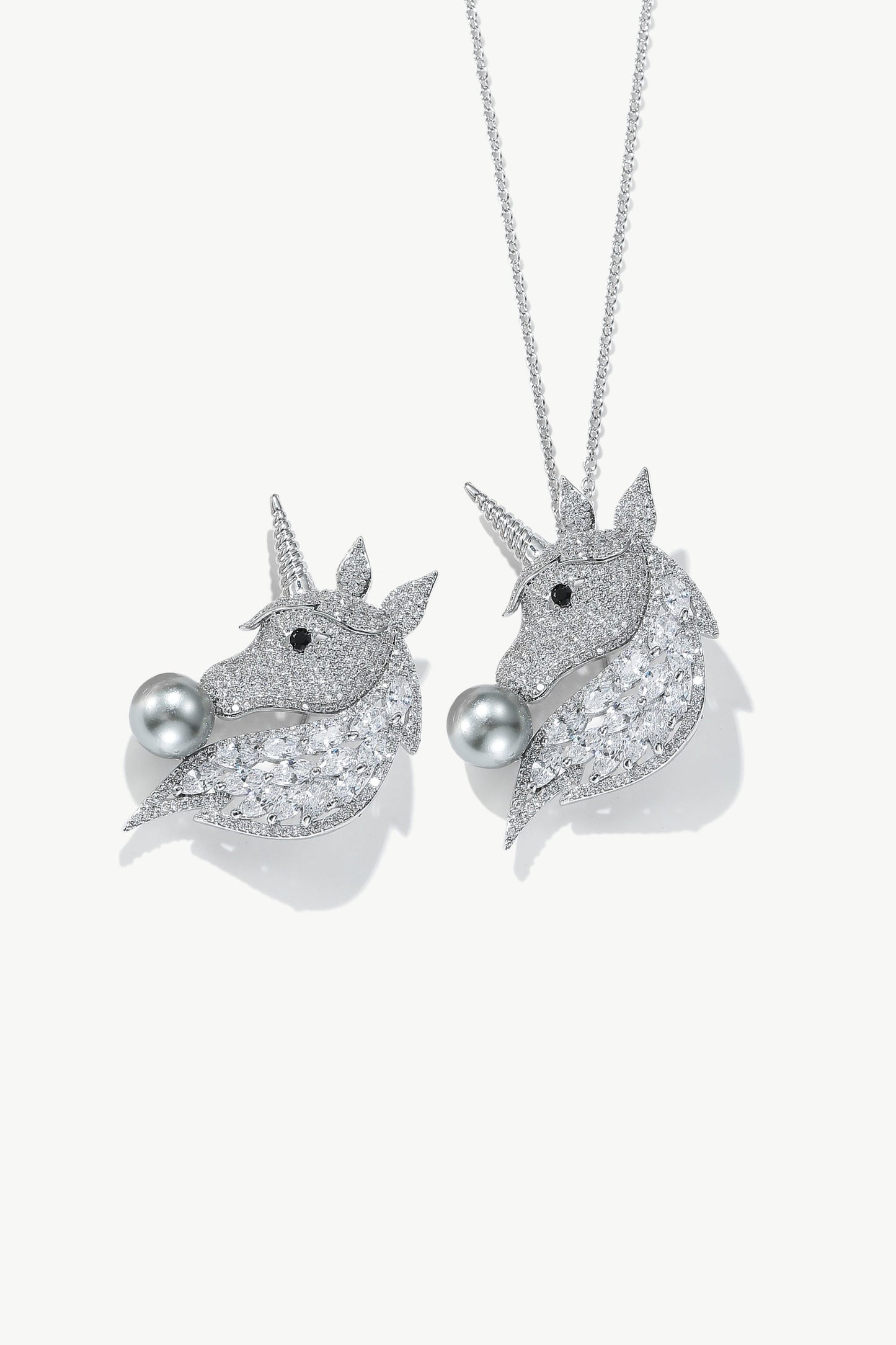 Silver Pavé Unicorn Brooch and Necklace Set