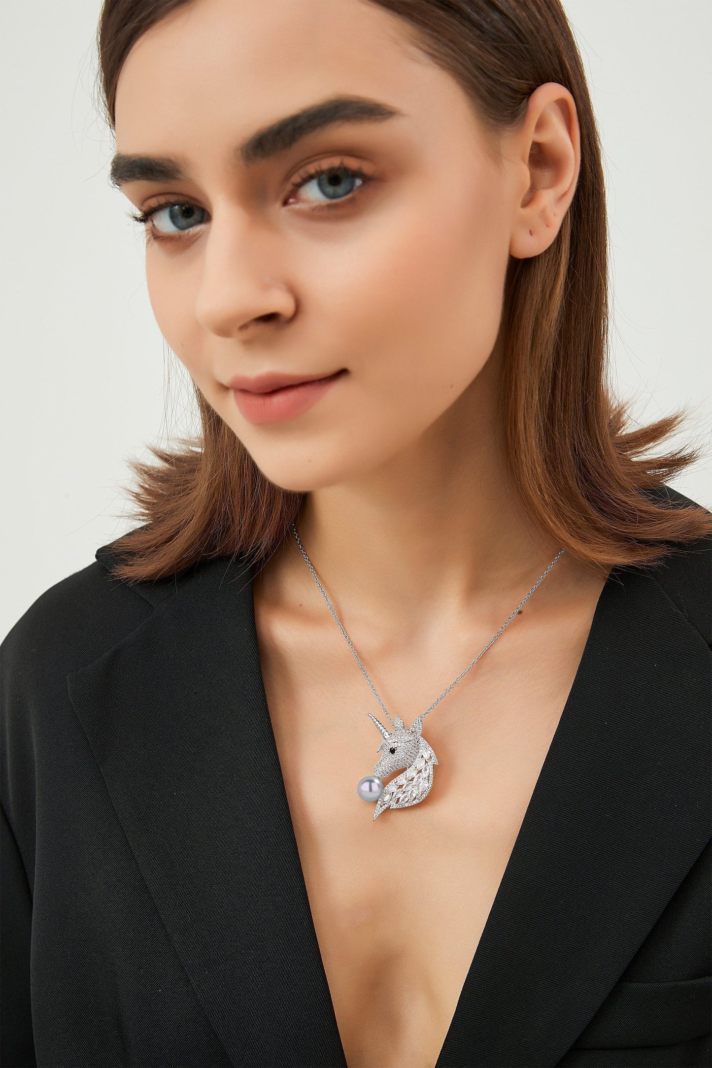 Silver Pavé Unicorn Brooch and Necklace Set