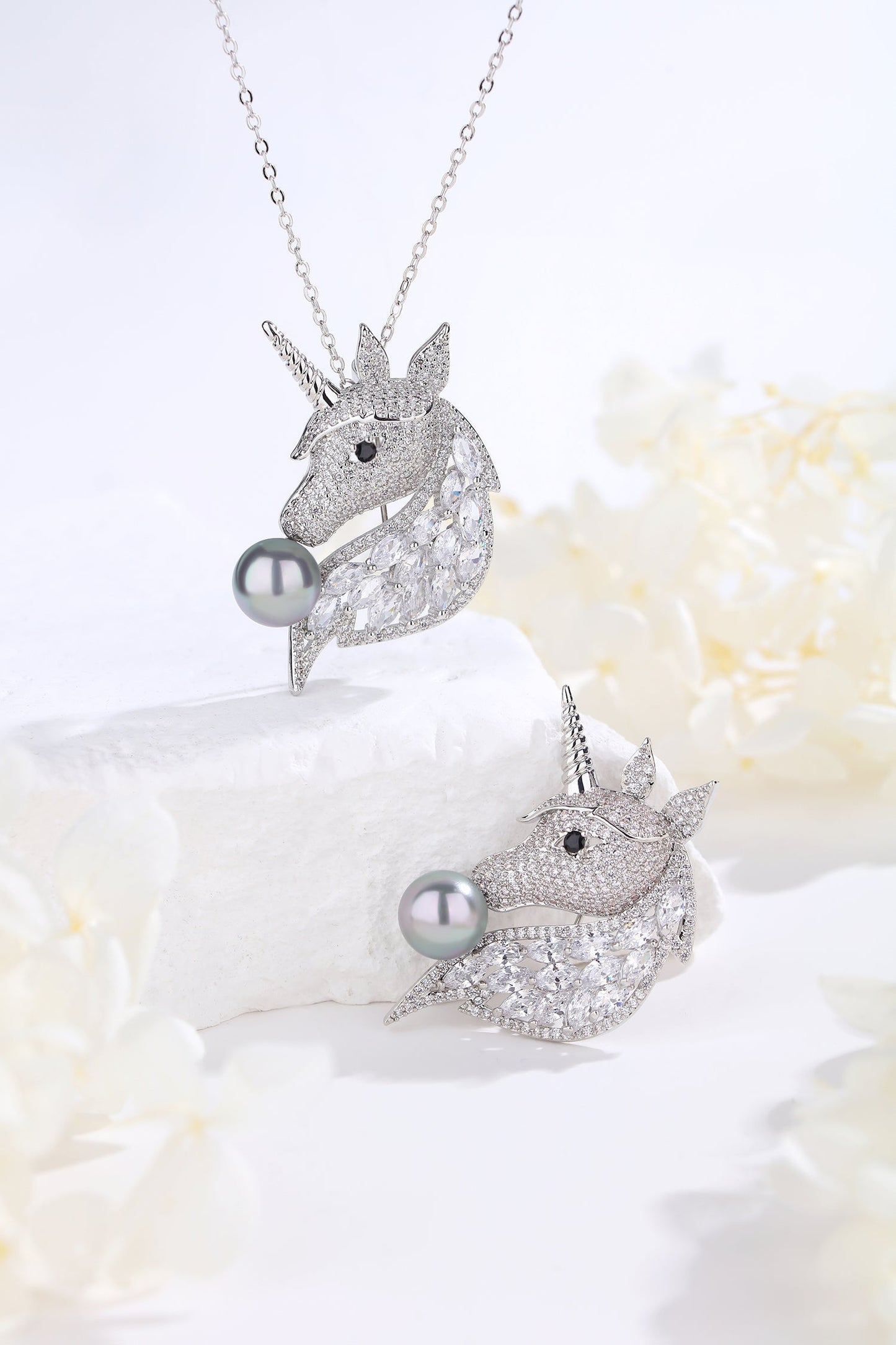 Silver Pavé Unicorn Brooch and Necklace Set