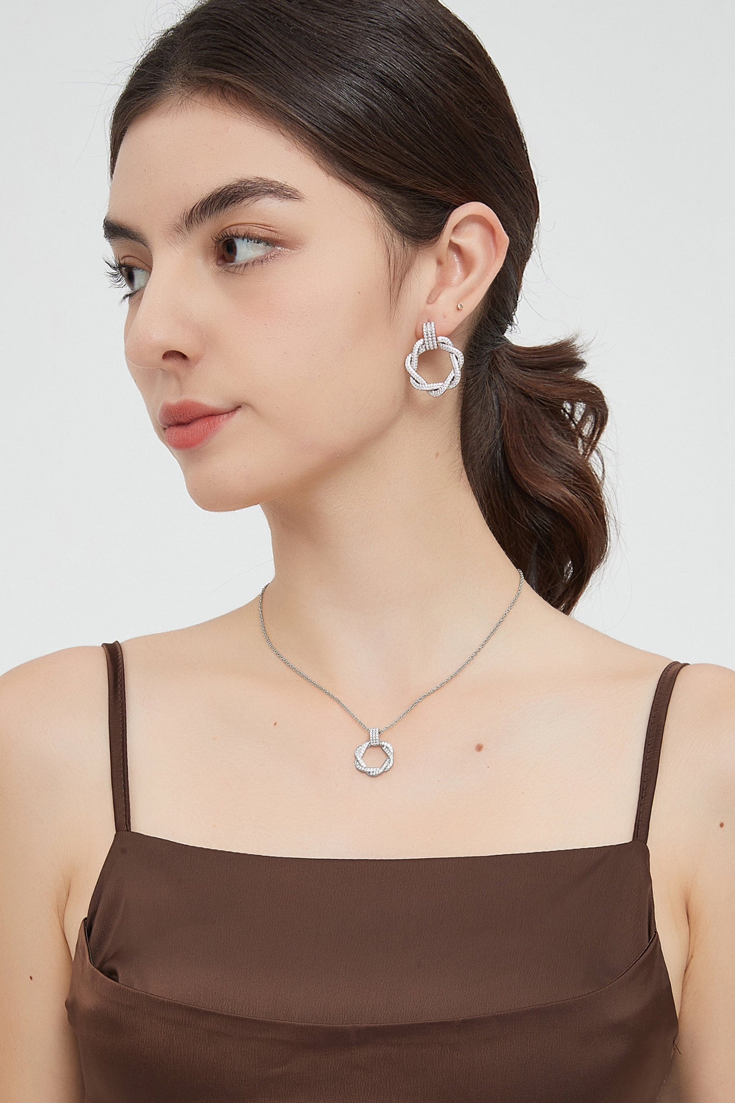 Ysabel Silver Pav¨¦ Diamond Eternity Twist Hoop Pendant Necklace