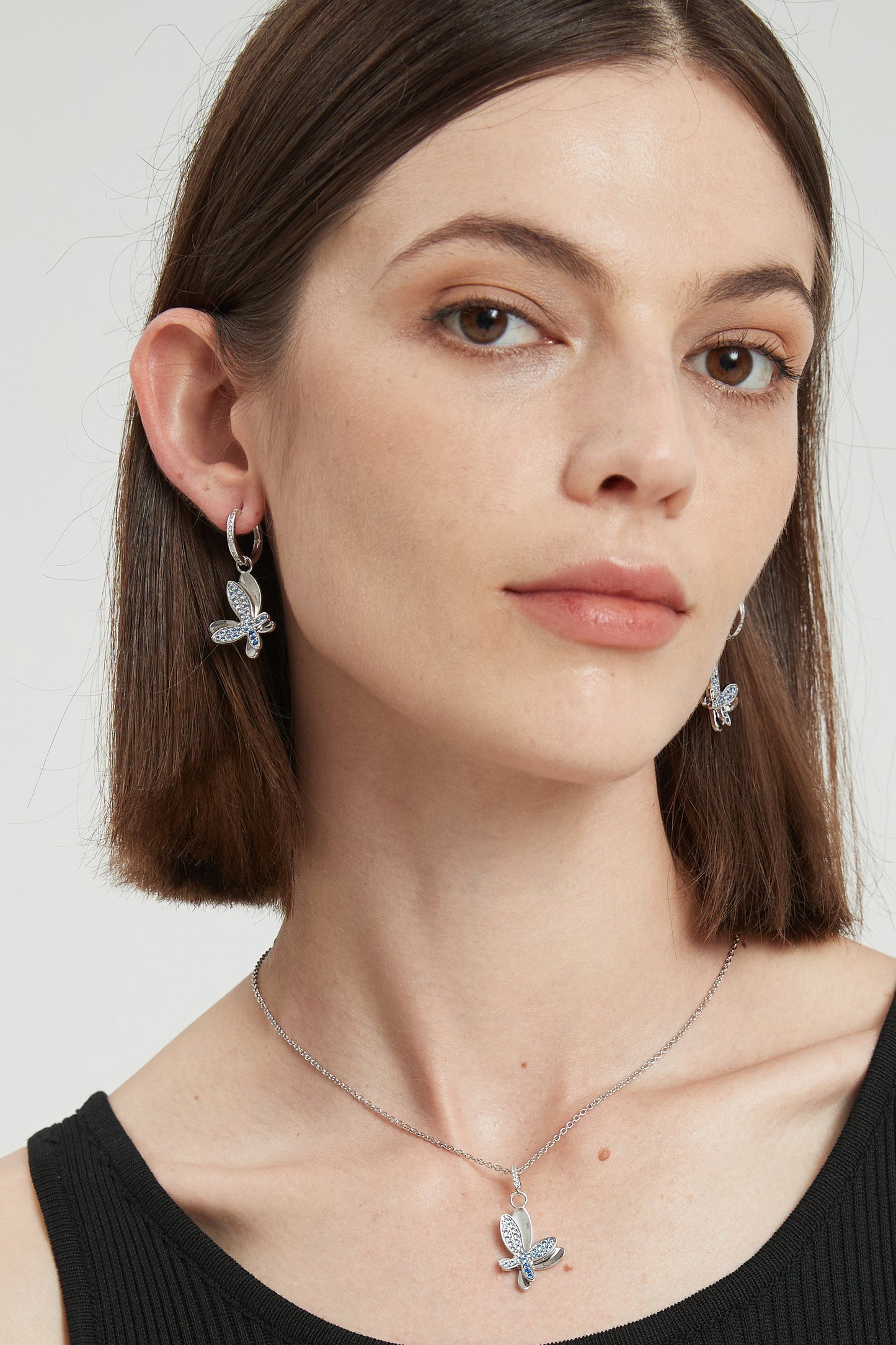Silver Gradient Blue Pav¨¦ Diamond Butterfly Dangle Drop Hoop Earrings