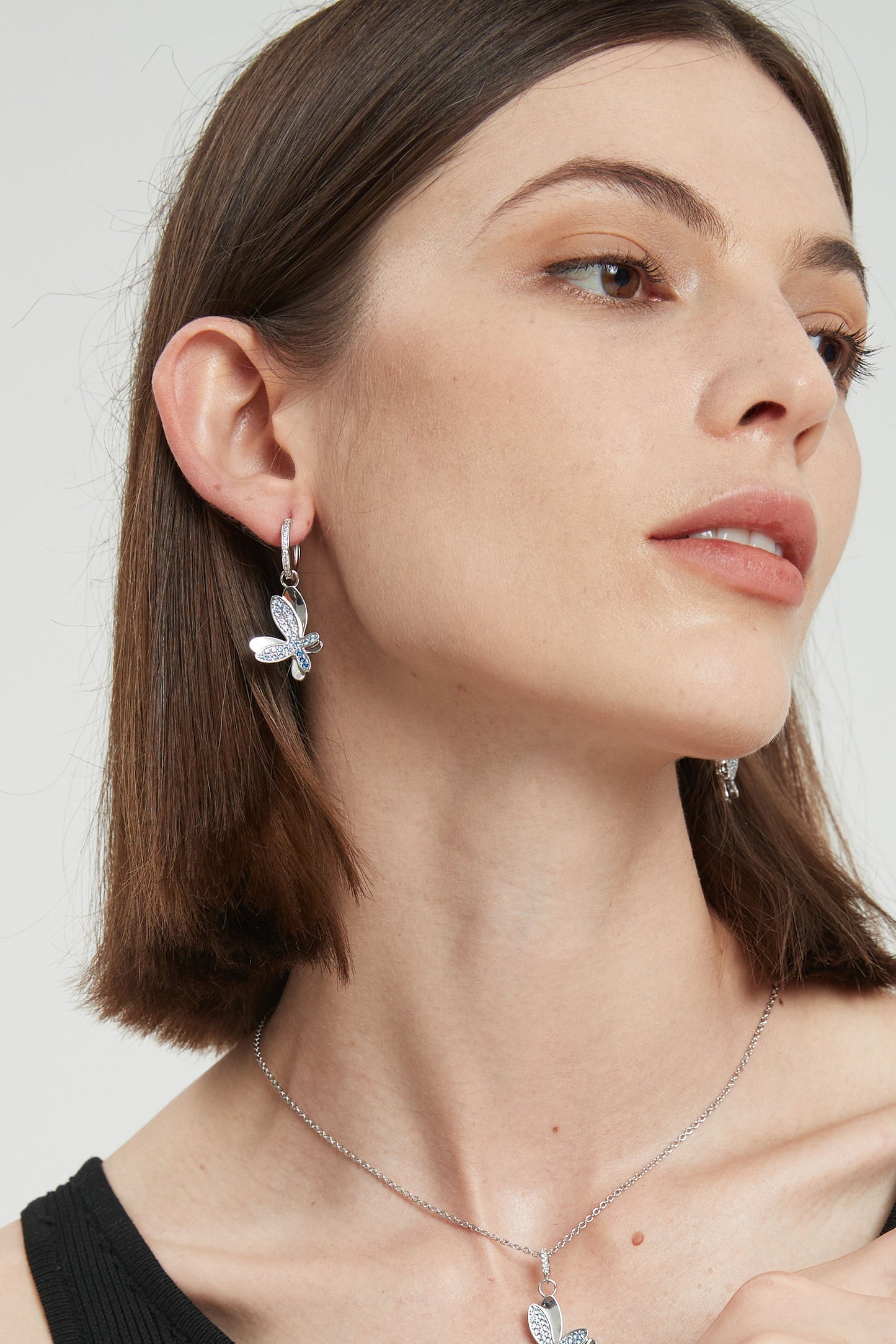 Silver Gradient Blue Pav¨¦ Diamond Butterfly Dangle Drop Hoop Earrings