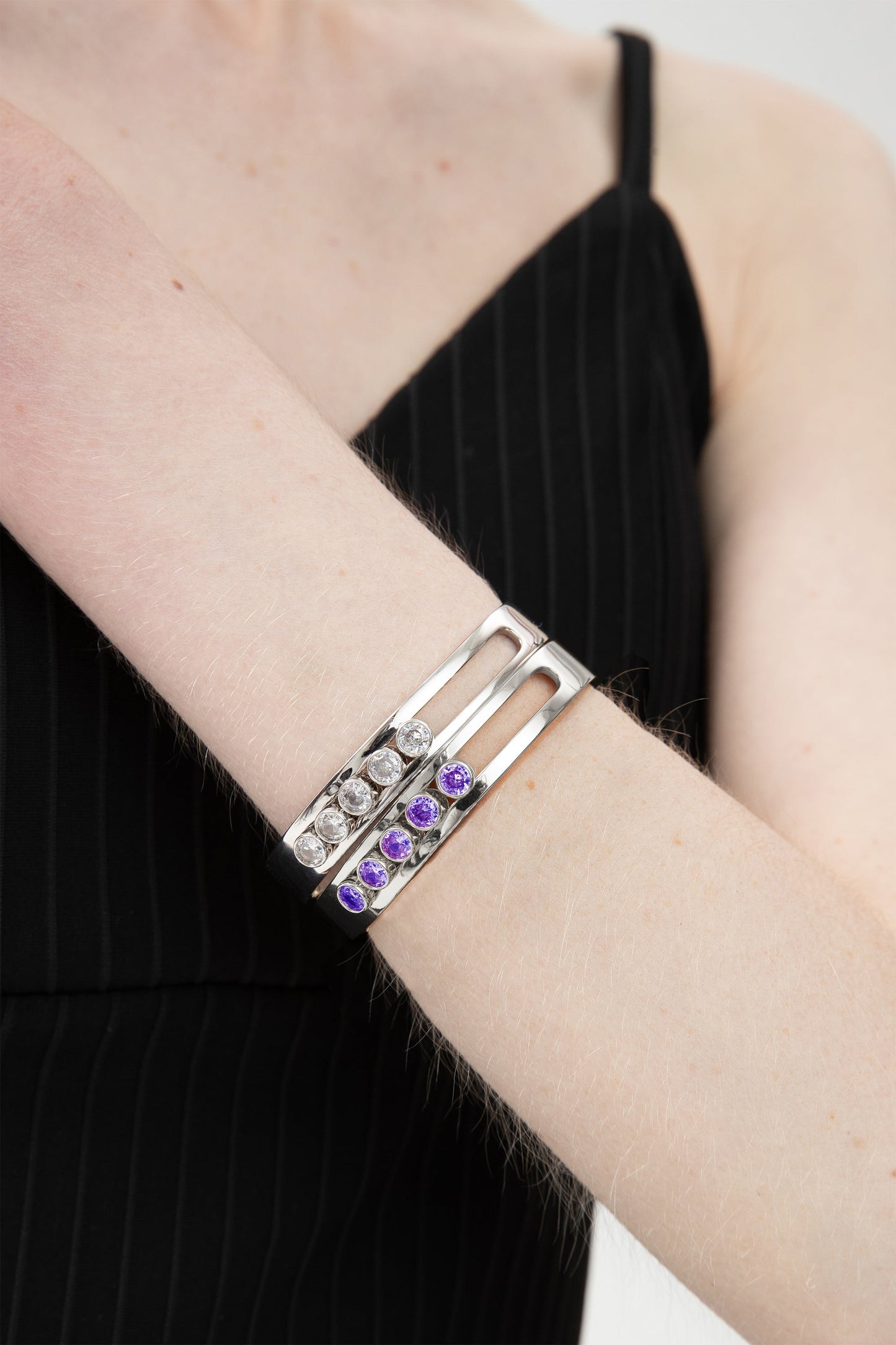 Audrey Silver Twinkling Purple Zirconia Half Crescent Bangle Bracelet - Classicharms