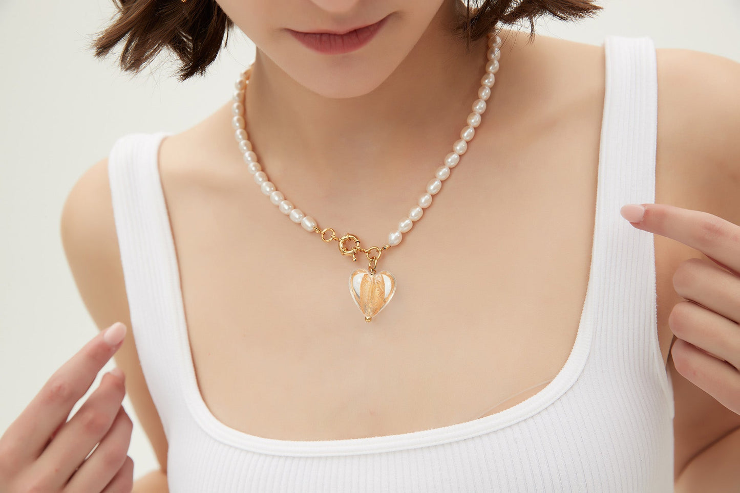 Esm¨¦e Amber Glaze Heart Pendant Pearl Necklace - Classicharms