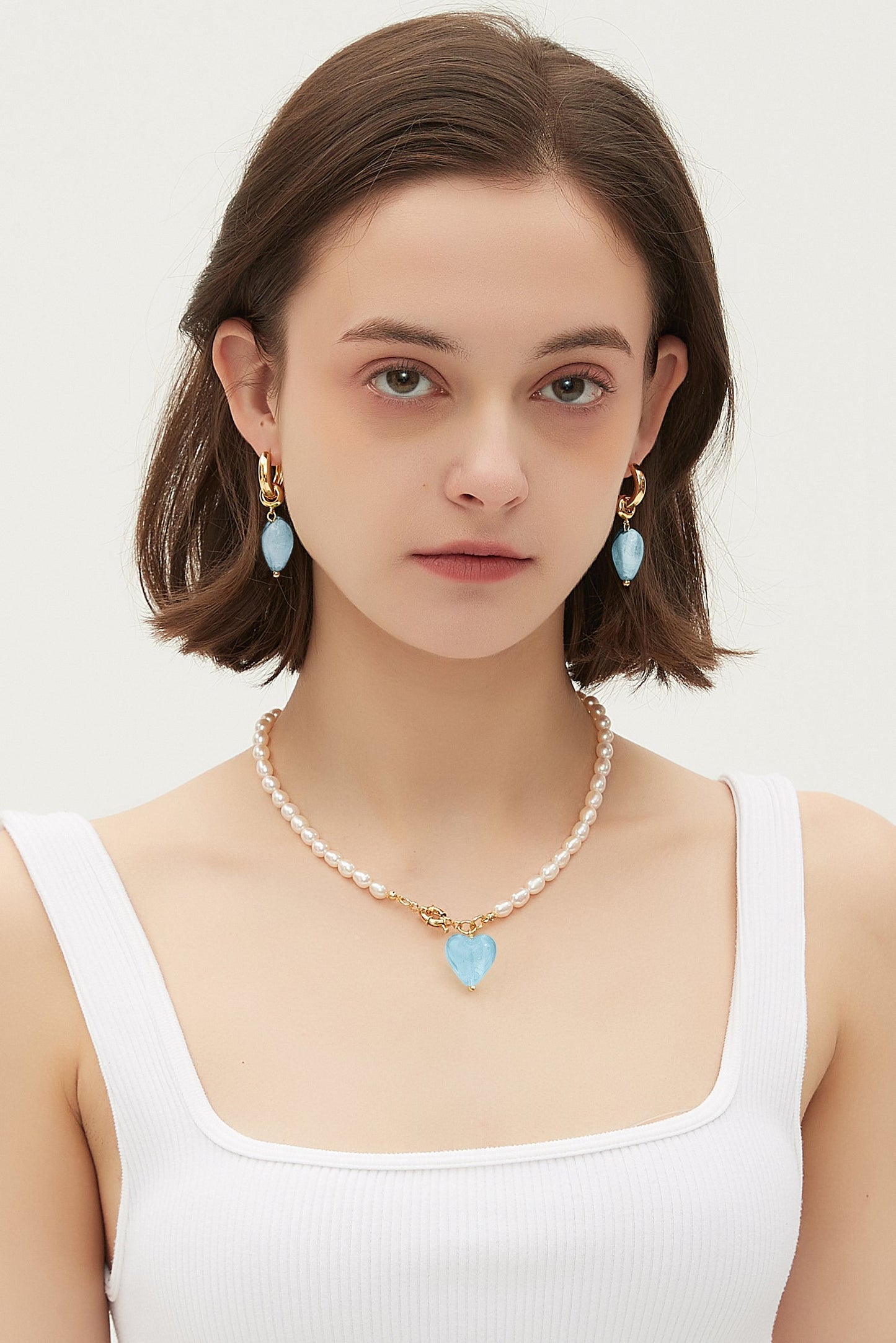 Esm¨¦e Aquamarine Glaze Heart Pendant Pearl Necklace - Classicharms