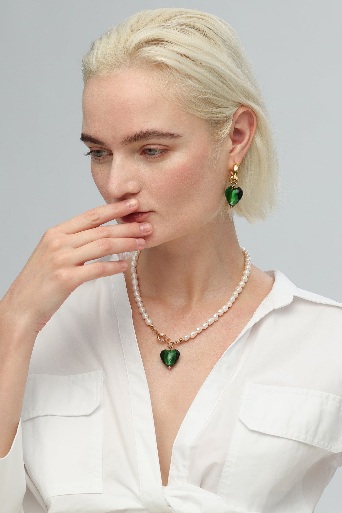 Esm¨¦e Green Glaze Heart Pendant Pearl Necklace - Classicharms