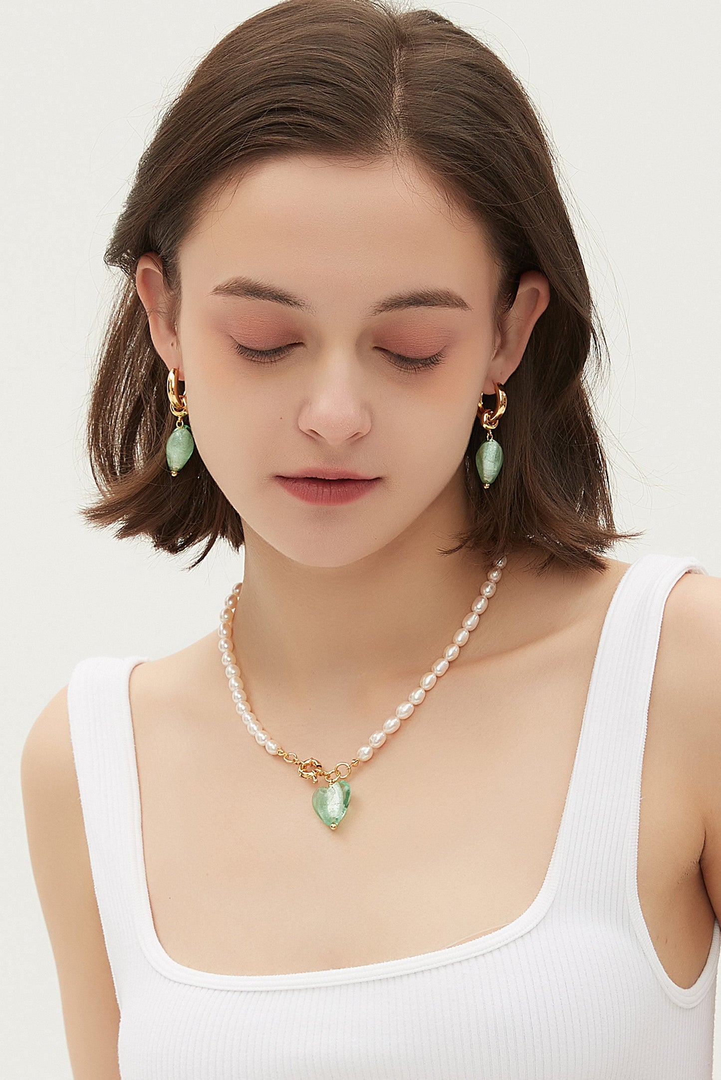 Esm¨¦e Lime Green Glaze Heart Pendant Pearl Necklace - Classicharms