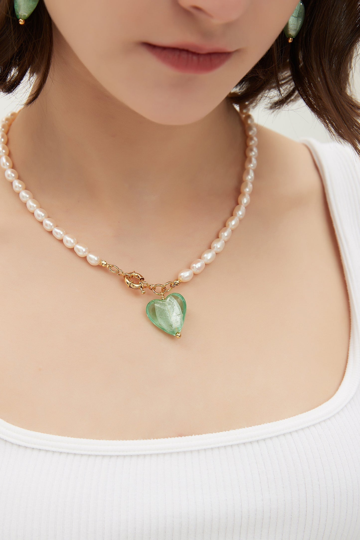Esm¨¦e Lime Green Glaze Heart Pendant Pearl Necklace - Classicharms