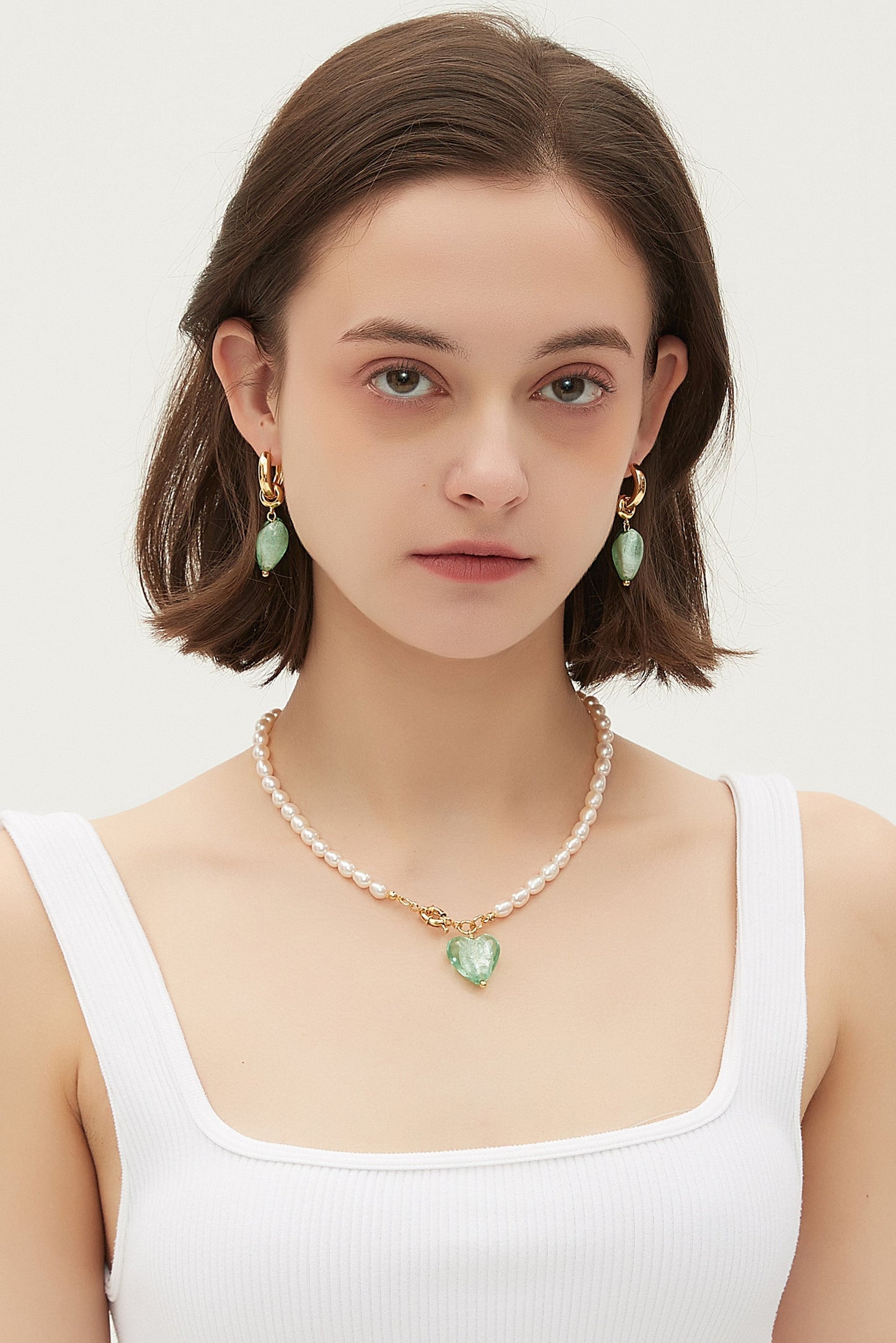 Esm¨¦e Lime Green Glaze Heart Pendant Pearl Necklace - Classicharms