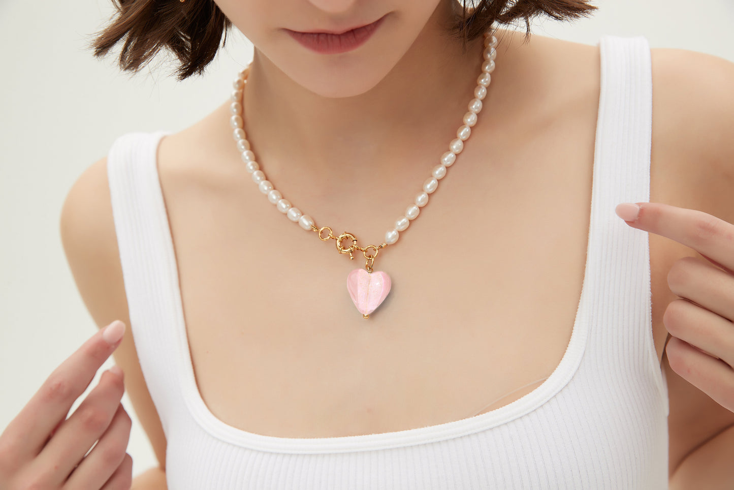 Esm¨¦e Pink Glaze Heart Pendant Pearl Necklace - Classicharms