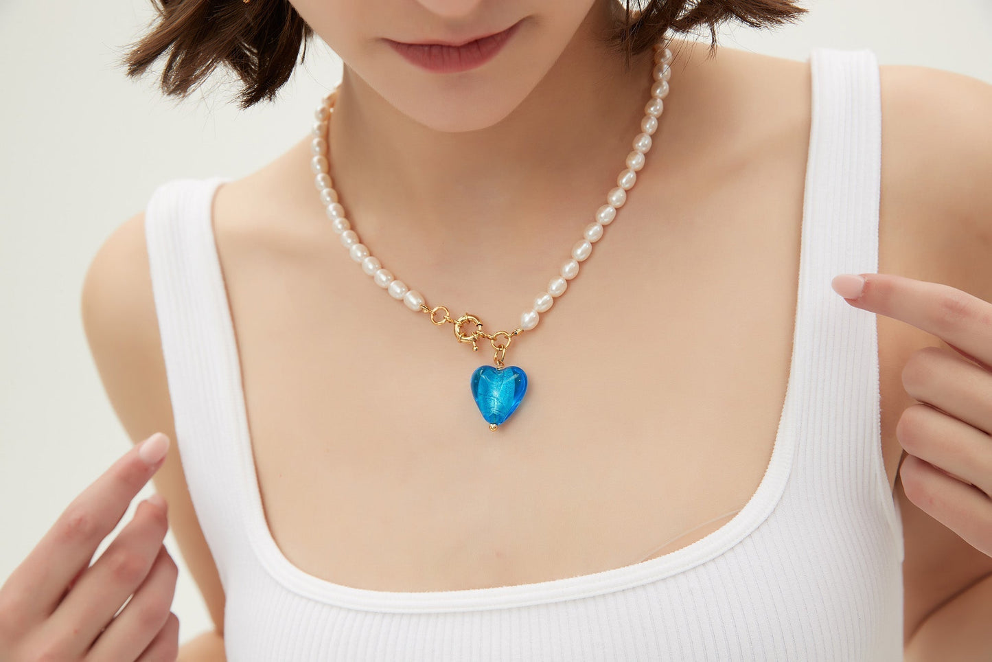Esm¨¦e Sky Blue Glaze Heart Pendant Pearl Necklace - Classicharms