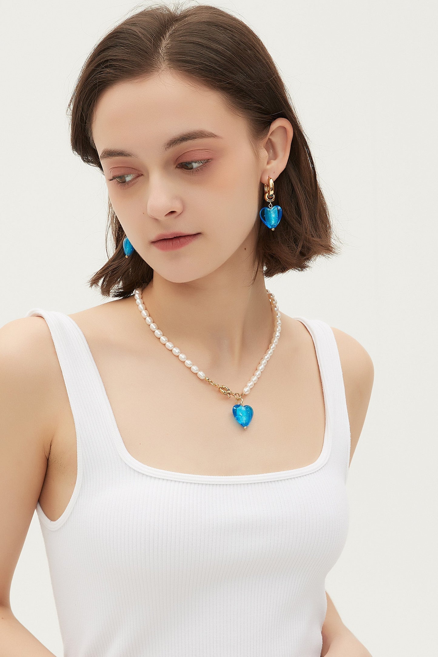 Esm¨¦e Sky Blue Glaze Heart Pendant Pearl Necklace - Classicharms