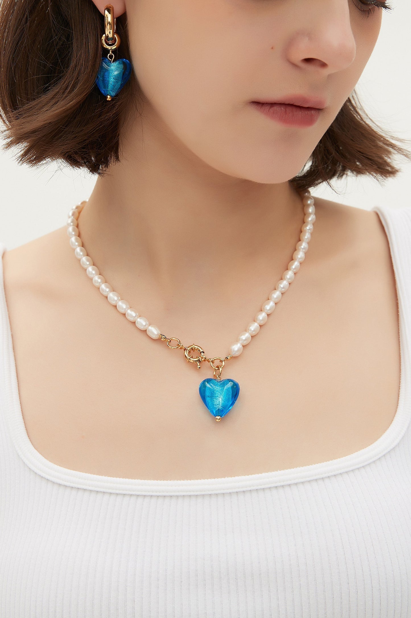 Esm¨¦e Sky Blue Glaze Heart Pendant Pearl Necklace - Classicharms