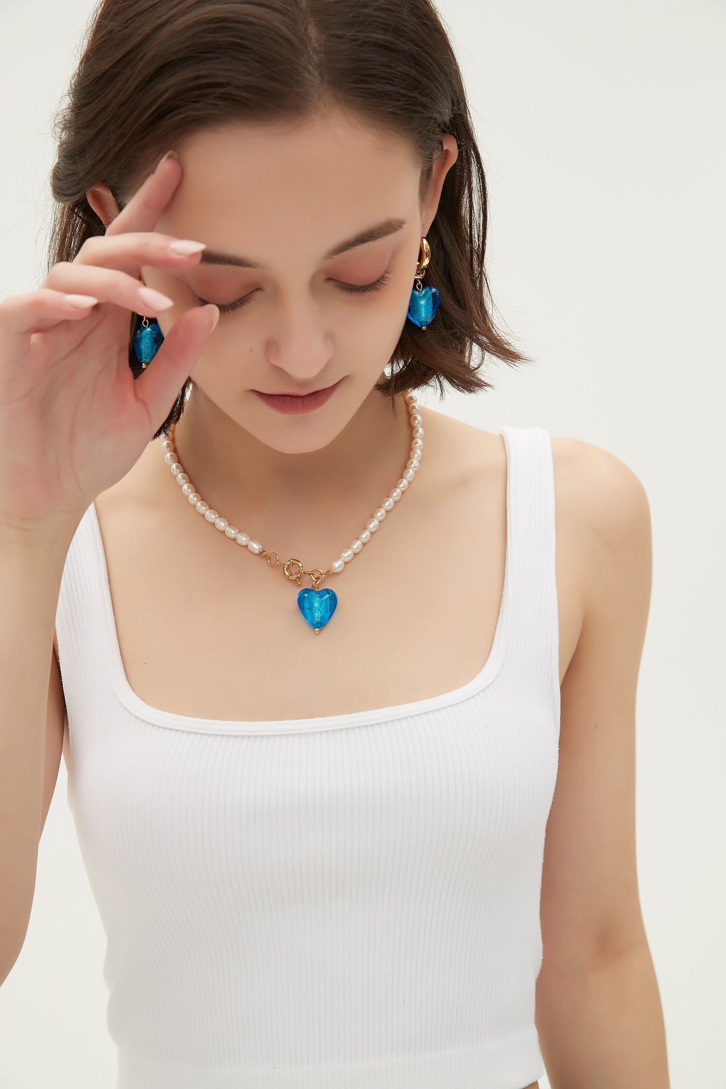 Esm¨¦e Sky Blue Glaze Heart Pendant Pearl Necklace - Classicharms