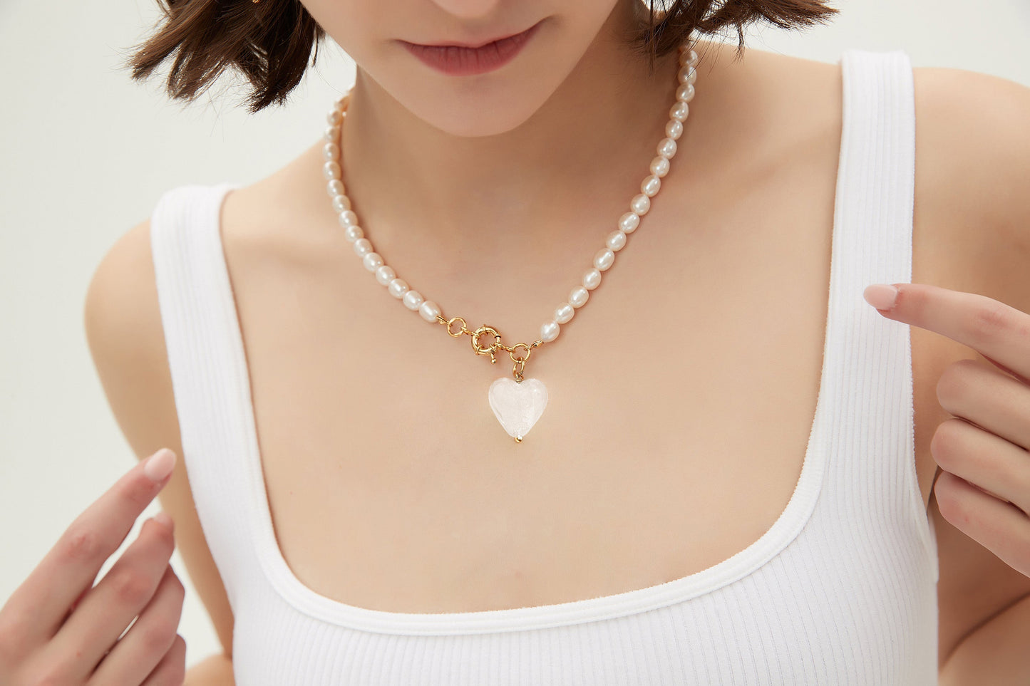 Esm¨¦e White Clear Glaze Heart Pendant Pearl Necklace - Classicharms