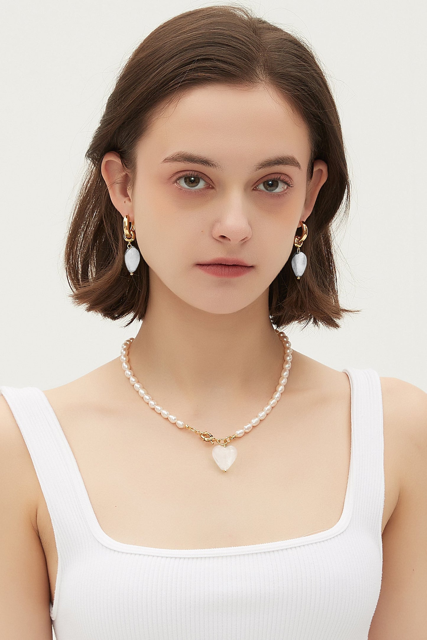 Esm¨¦e White Clear Glaze Heart Pendant Pearl Necklace - Classicharms