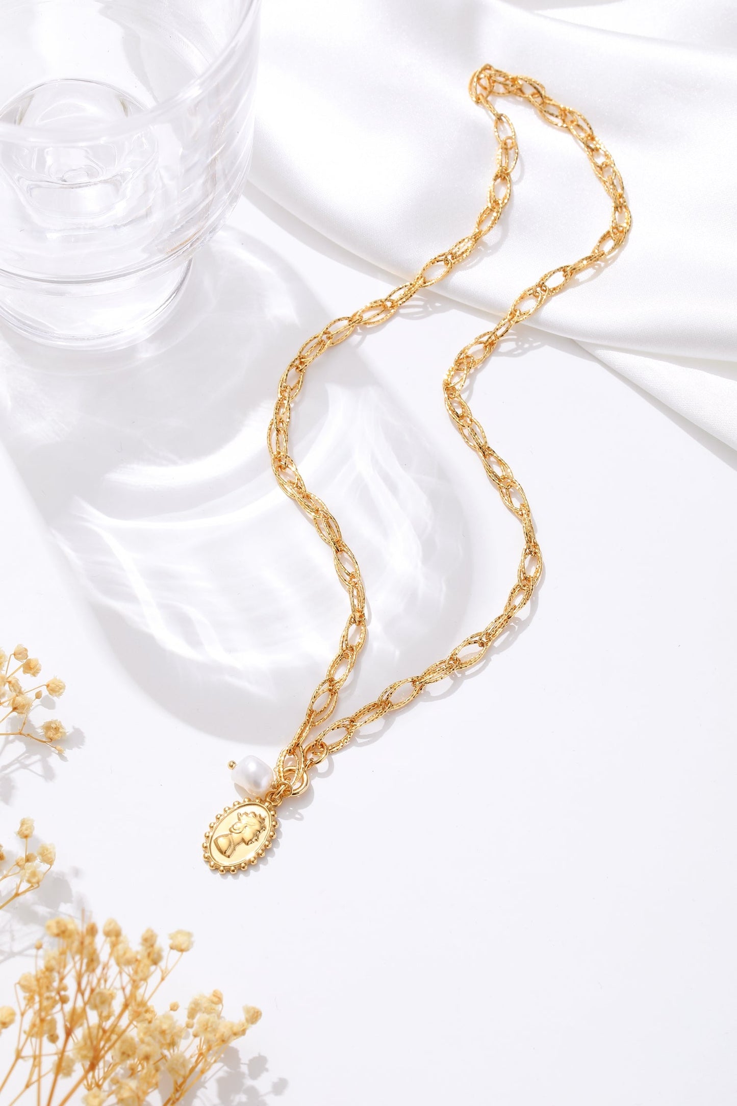 Gold Carved Pendant and Pearl Necklace - Classicharms