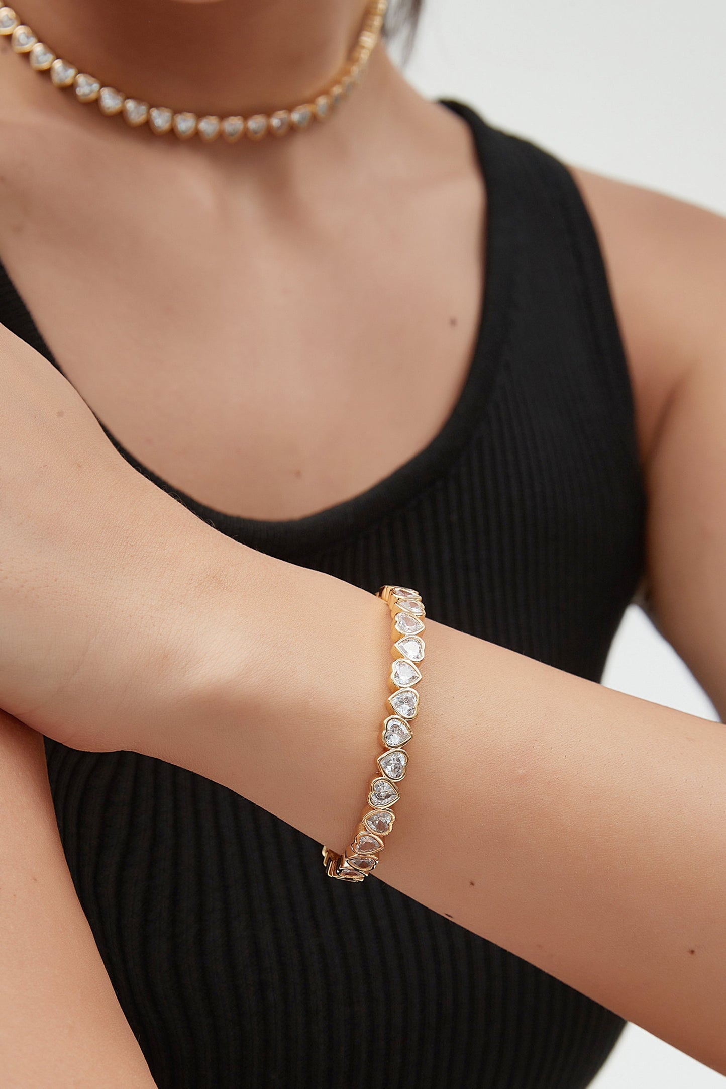 Gold Heart Shaped White Clear Sapphire Zirconia Bangle Bracelet - Classicharms
