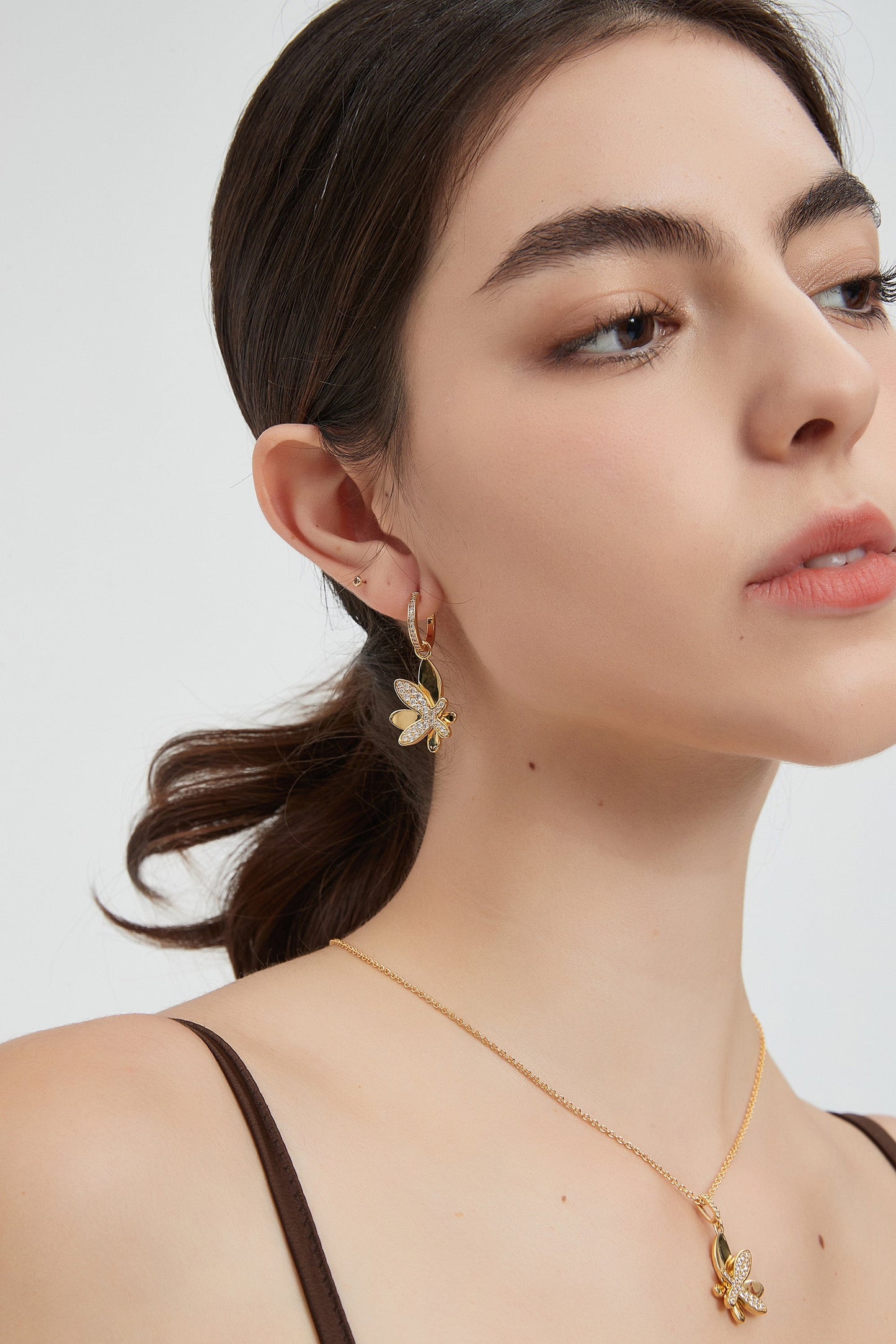 Gold Pav¨¦ Diamond Butterfly Dangle Drop Hoop Earrings - Classicharms