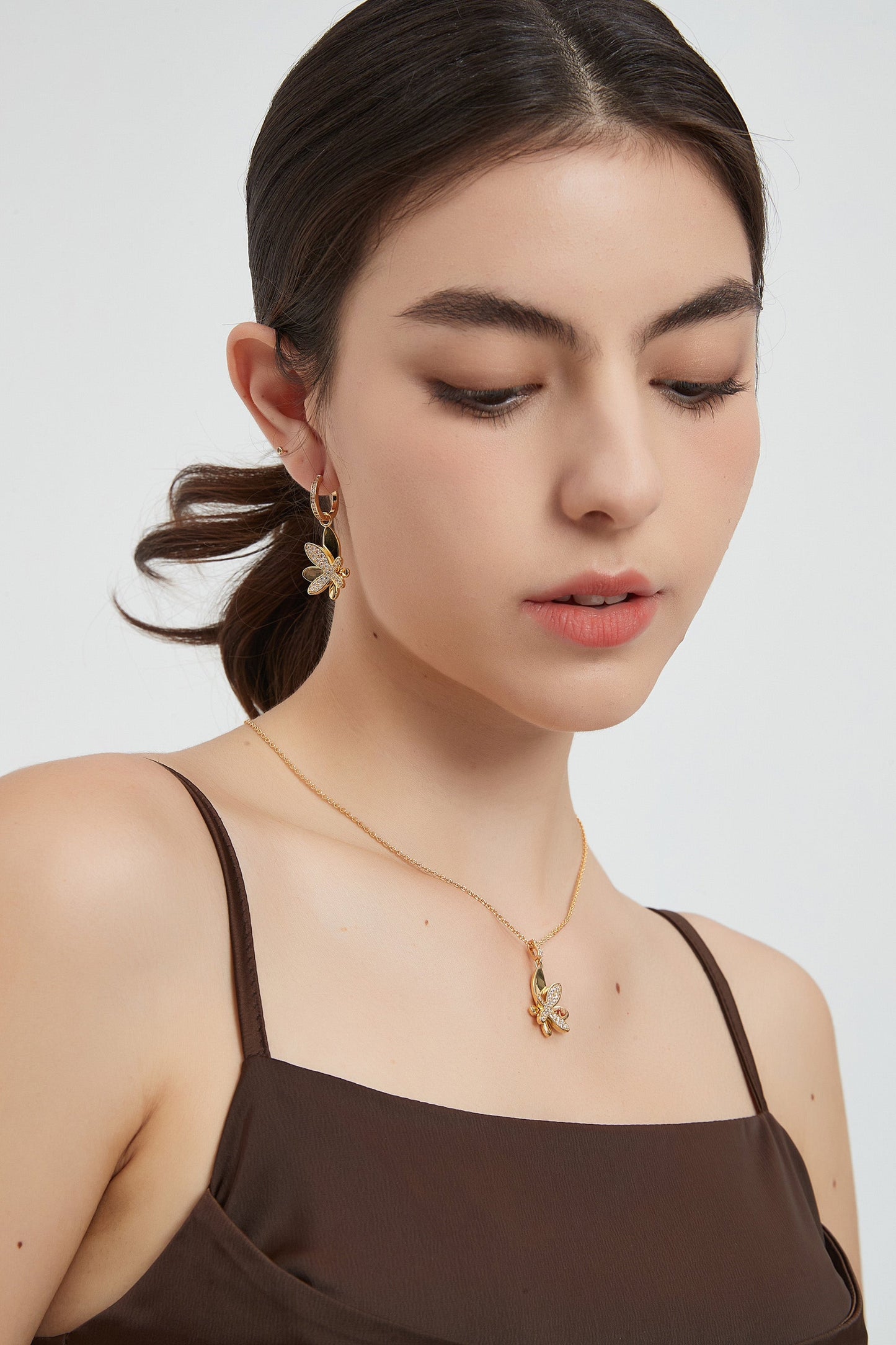Gold Pav¨¦ Diamond Butterfly Dangle Drop Hoop Earrings - Classicharms