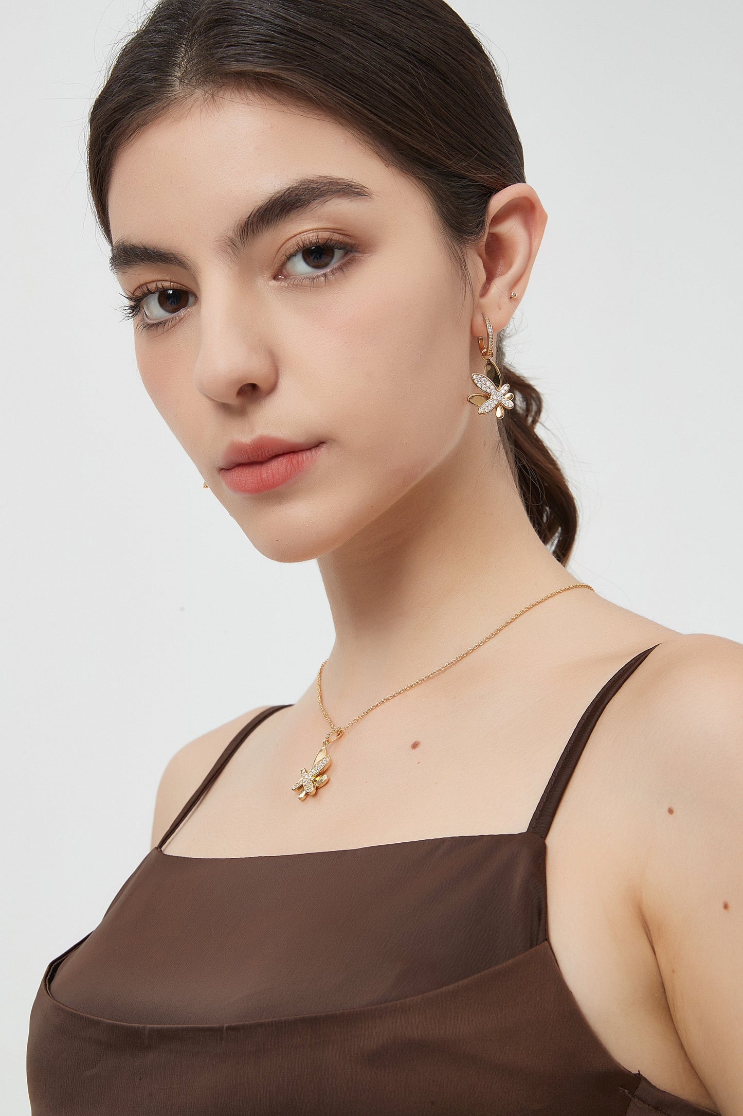Gold Pav¨¦ Diamond Butterfly Dangle Drop Hoop Earrings - Classicharms