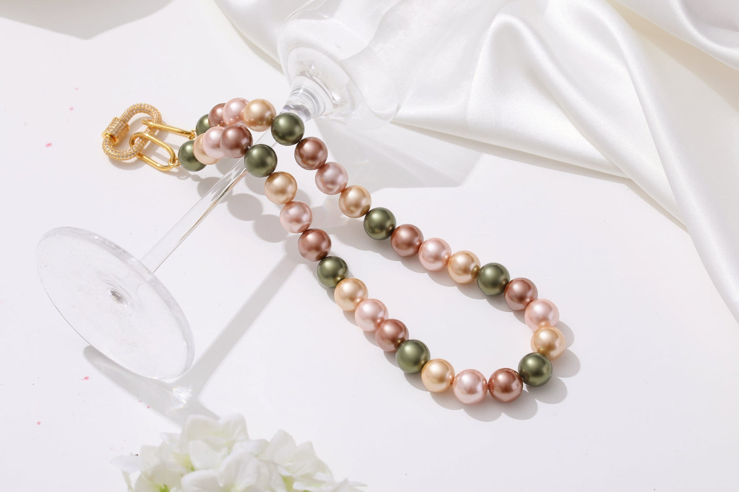 Gold Shell Pearl Necklace with Gem-Encrusted Carabiner Lock (Large) - Classicharms