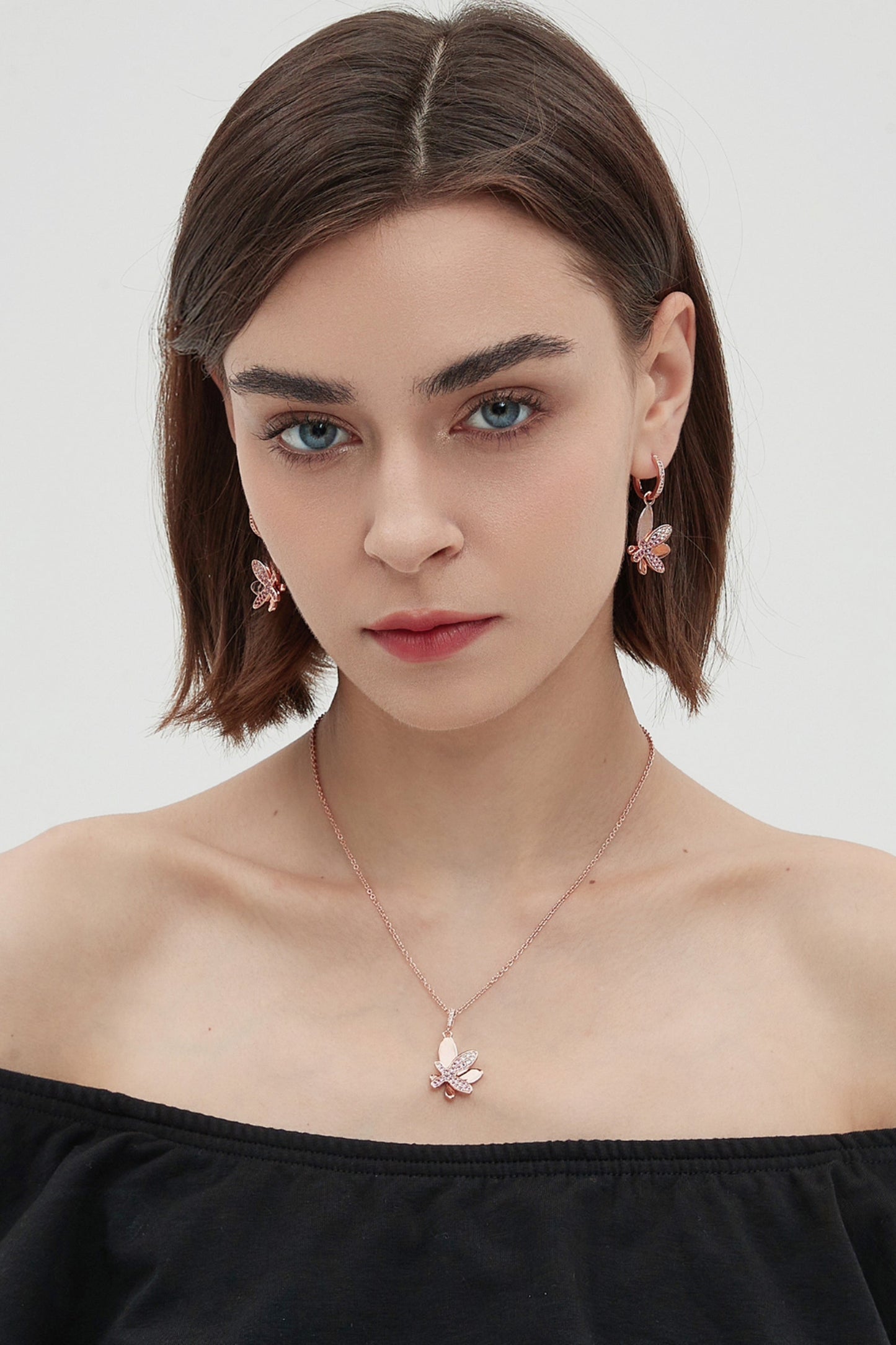 Rose Gold Gradient Pink Pav¨¦ Diamond Butterfly Dangle Drop Hoop Earrings - Classicharms