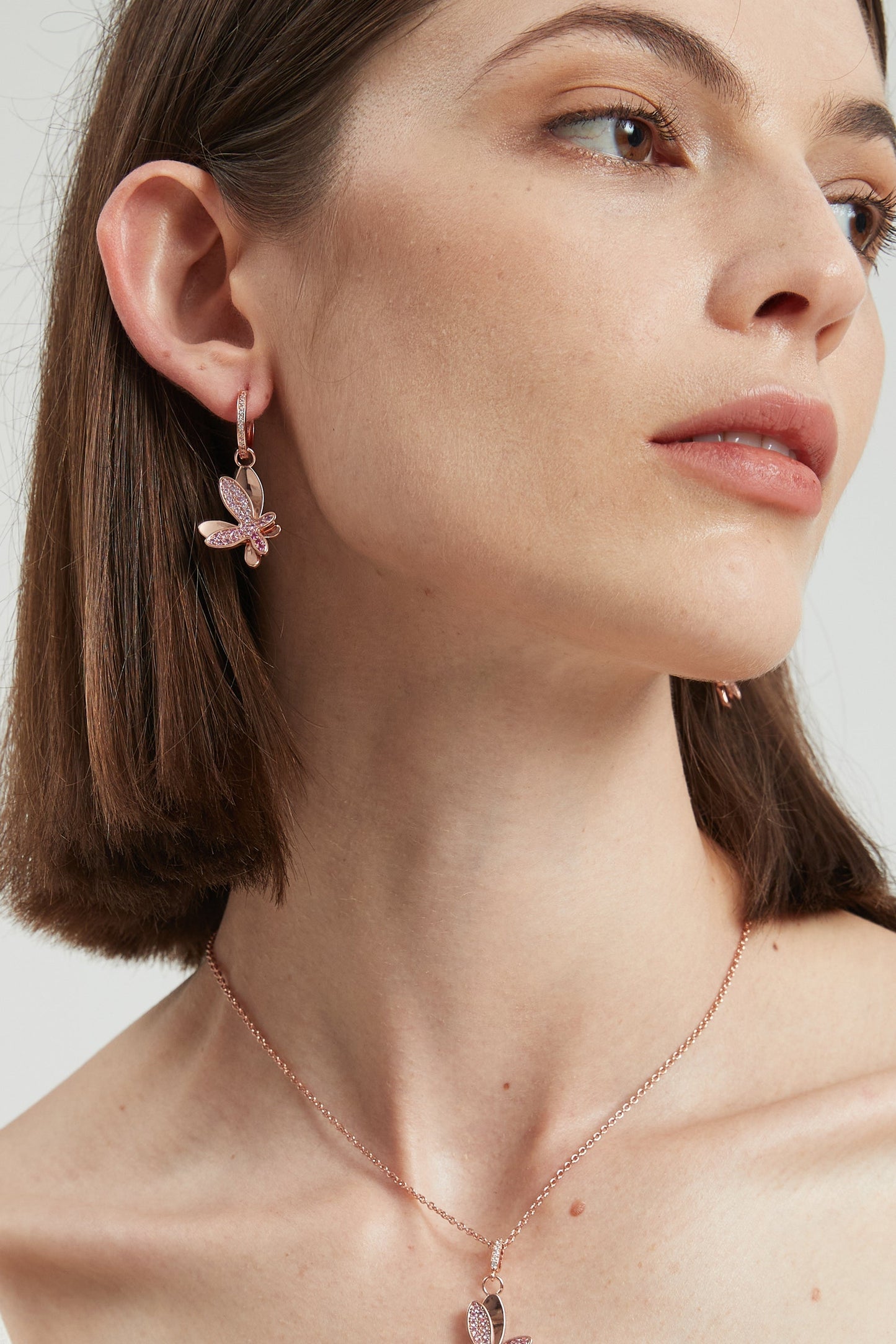 Rose Gold Gradient Pink Pav¨¦ Diamond Butterfly Dangle Drop Hoop Earrings - Classicharms