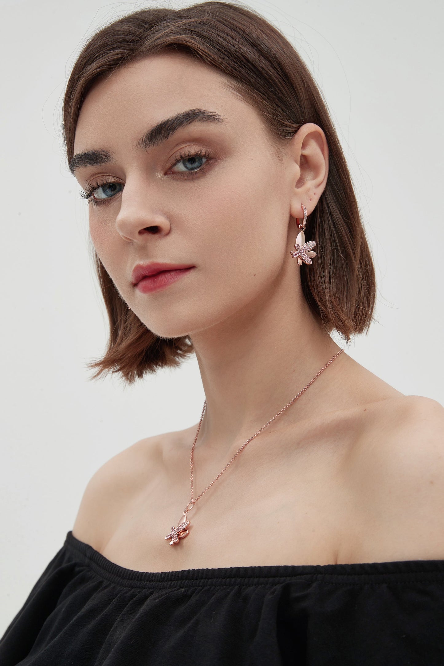 Rose Gold Gradient Pink Pav¨¦ Diamond Butterfly Dangle Drop Hoop Earrings - Classicharms