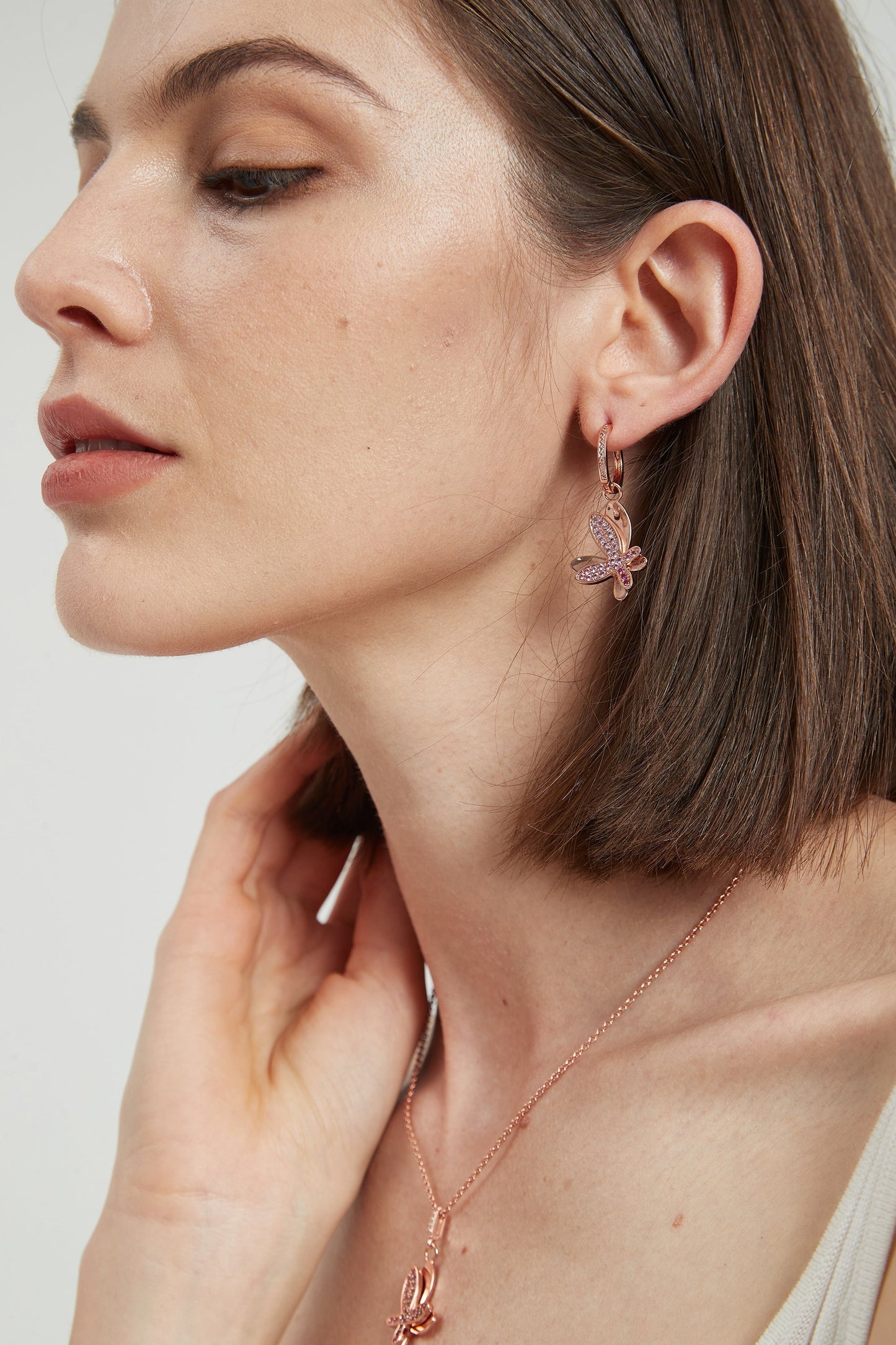 Rose Gold Gradient Pink Pav¨¦ Diamond Butterfly Dangle Drop Hoop Earrings - Classicharms