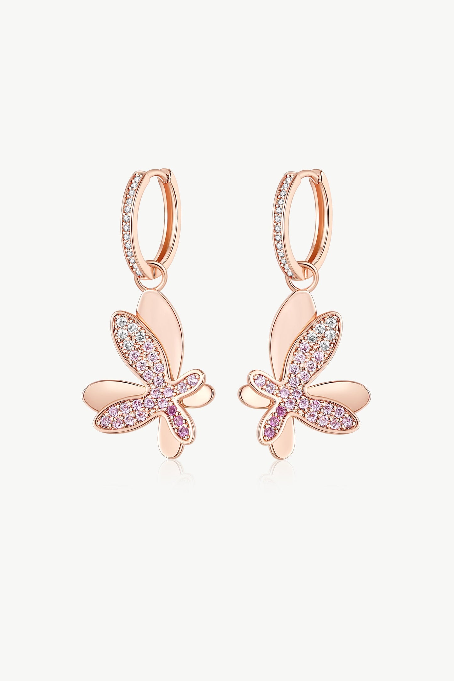 Rose Gold Gradient Pink Pav¨¦ Diamond Butterfly Dangle Drop Hoop Earrings - Classicharms